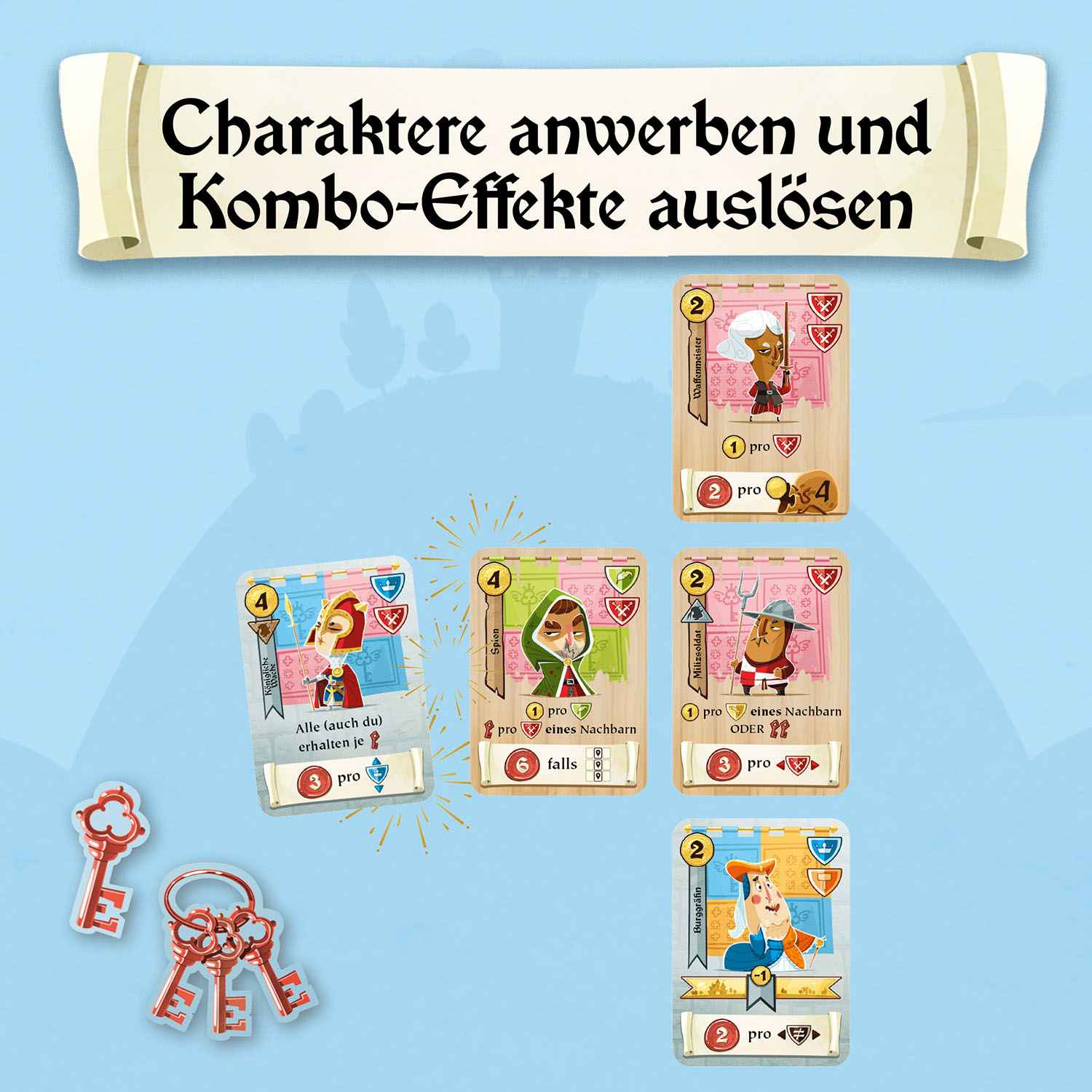 Spielkarten und Schlüssel mit deutscher Aufschrift auf blauem Hintergrund.