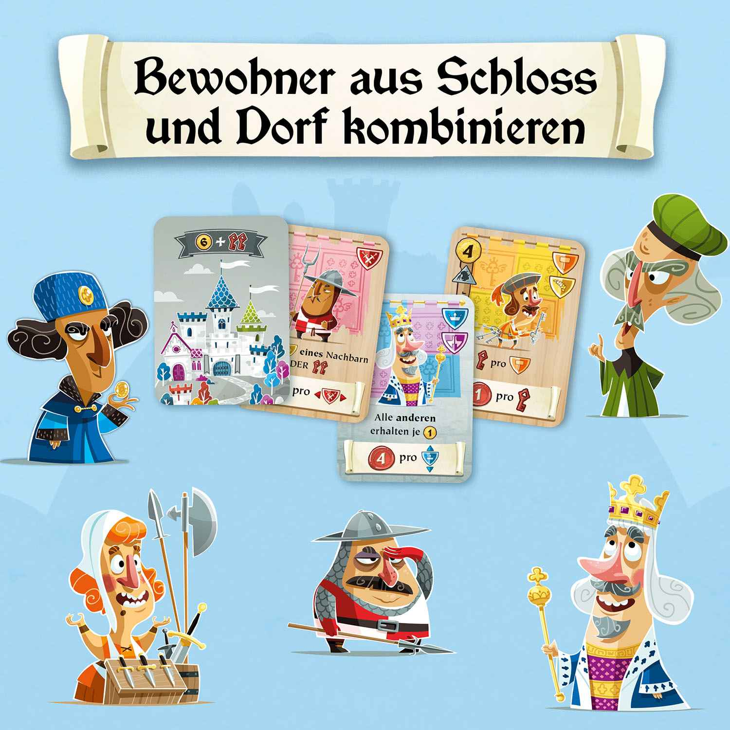 Spielkarten mit Figuren, einem Schloss und Text in deutscher Sprache.