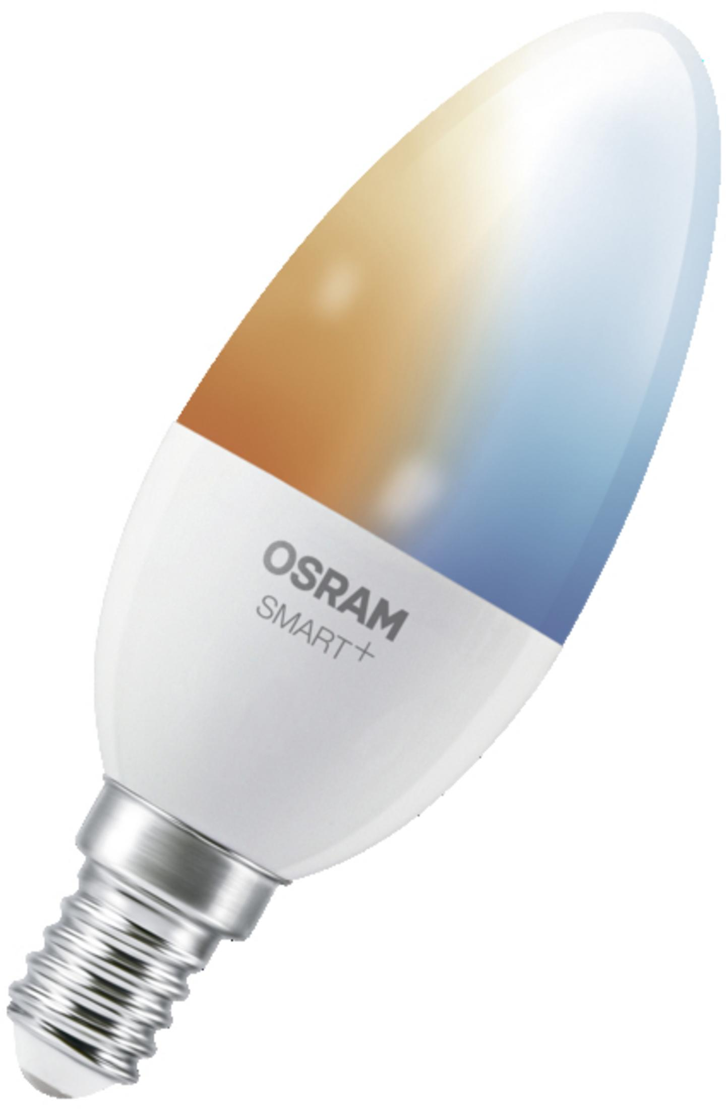 Eine weiße OSRAM SMART+ Kerzenbirne mit silbernem Sockel, warmem und kühlem Licht.