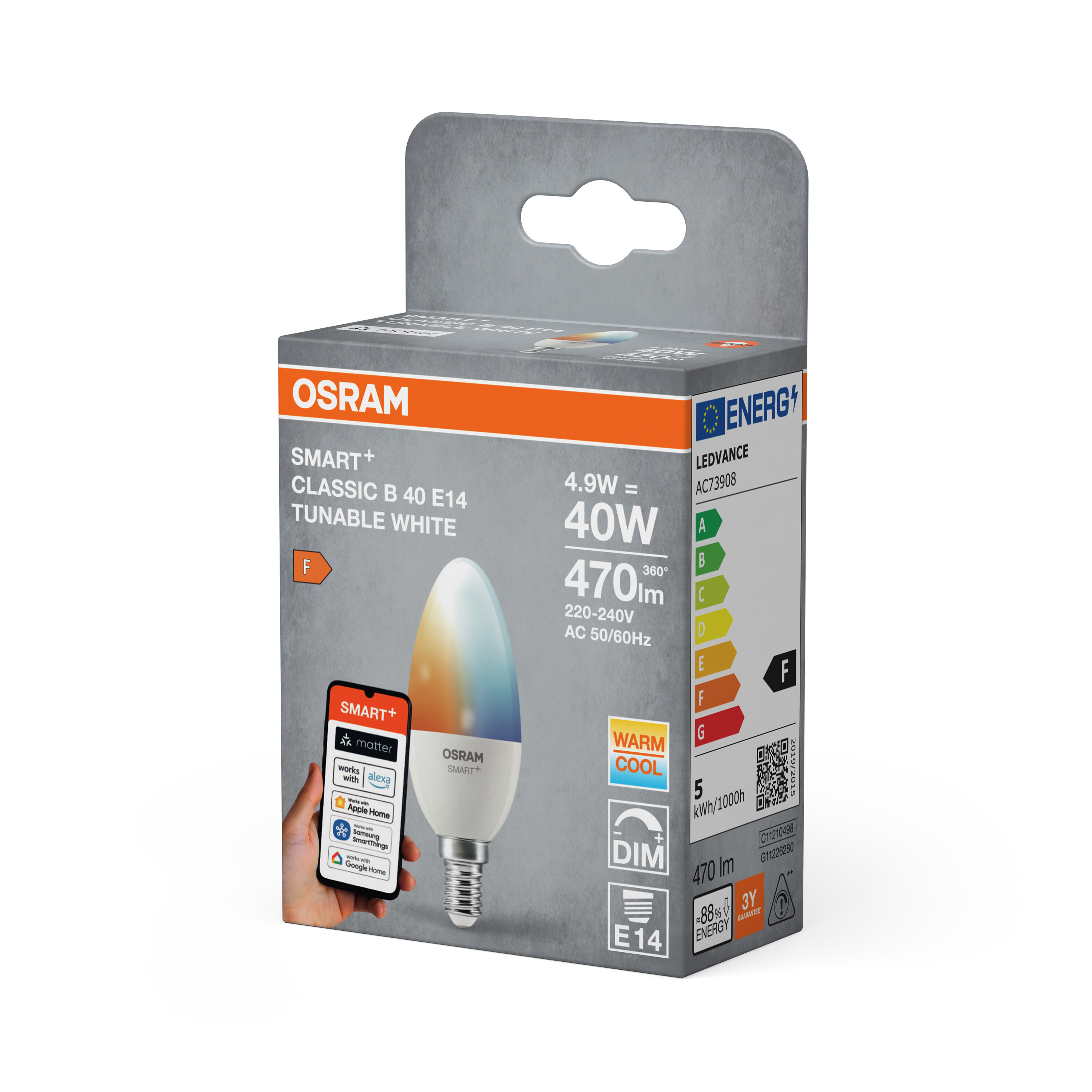 OSRAM SMART+ Glühbirne im Karton, E14, dimmbar, Energieeffizienz F.