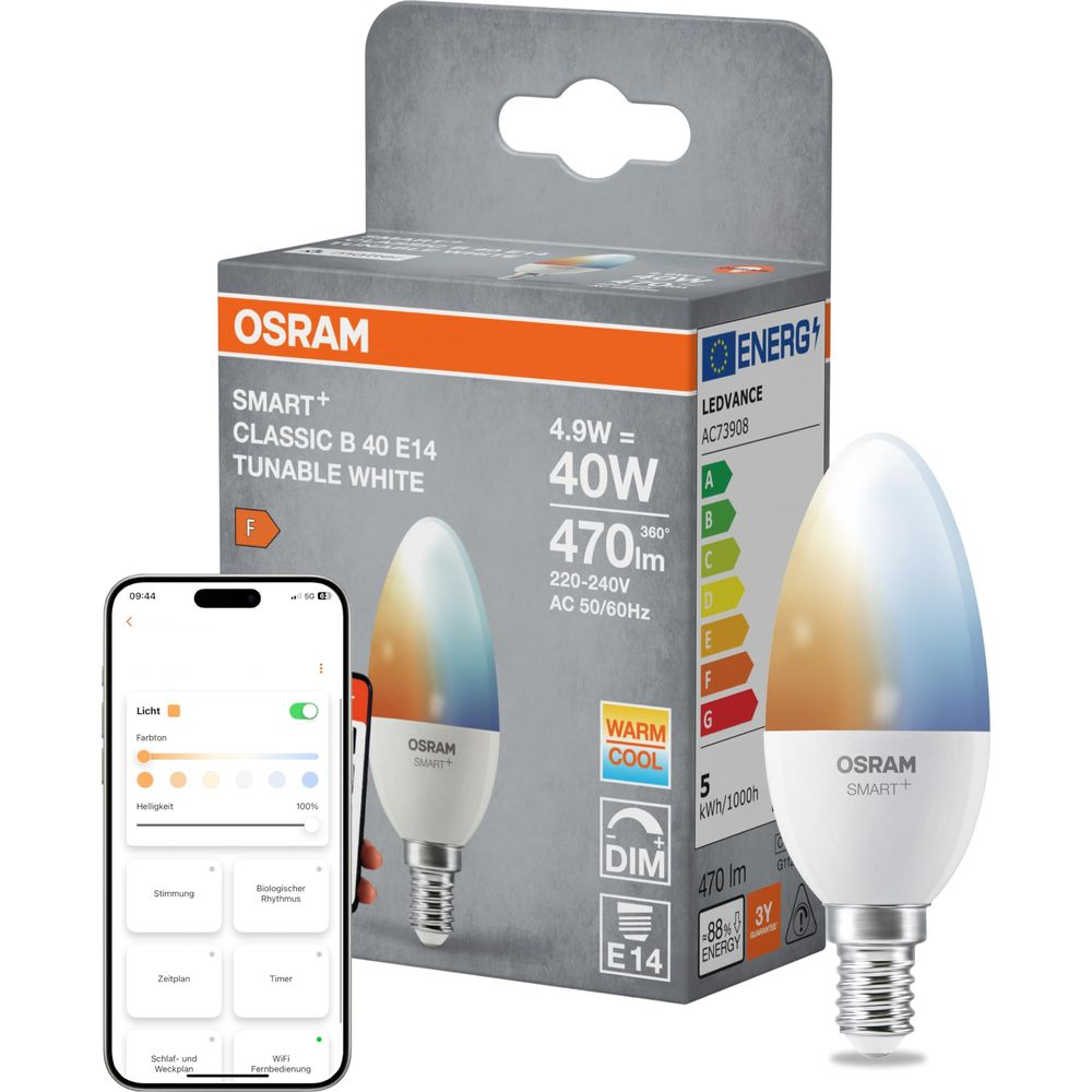 OSRAM Smart+ Glühbirne mit Verpackung und Smartphone-App. Energieeffizienzklasse F.