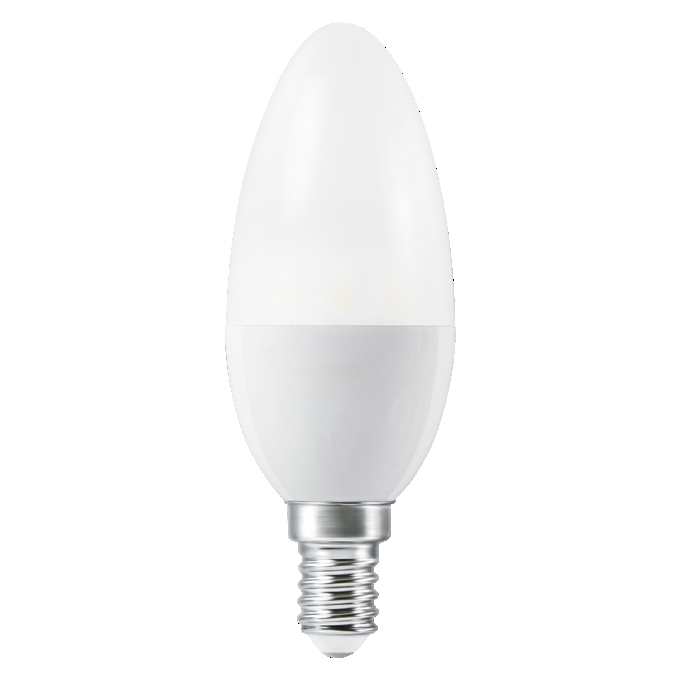 Eine weiße LED-Kerzenbirne mit silbernem Schraubsockel ist vor weißem Hintergrund abgebildet.