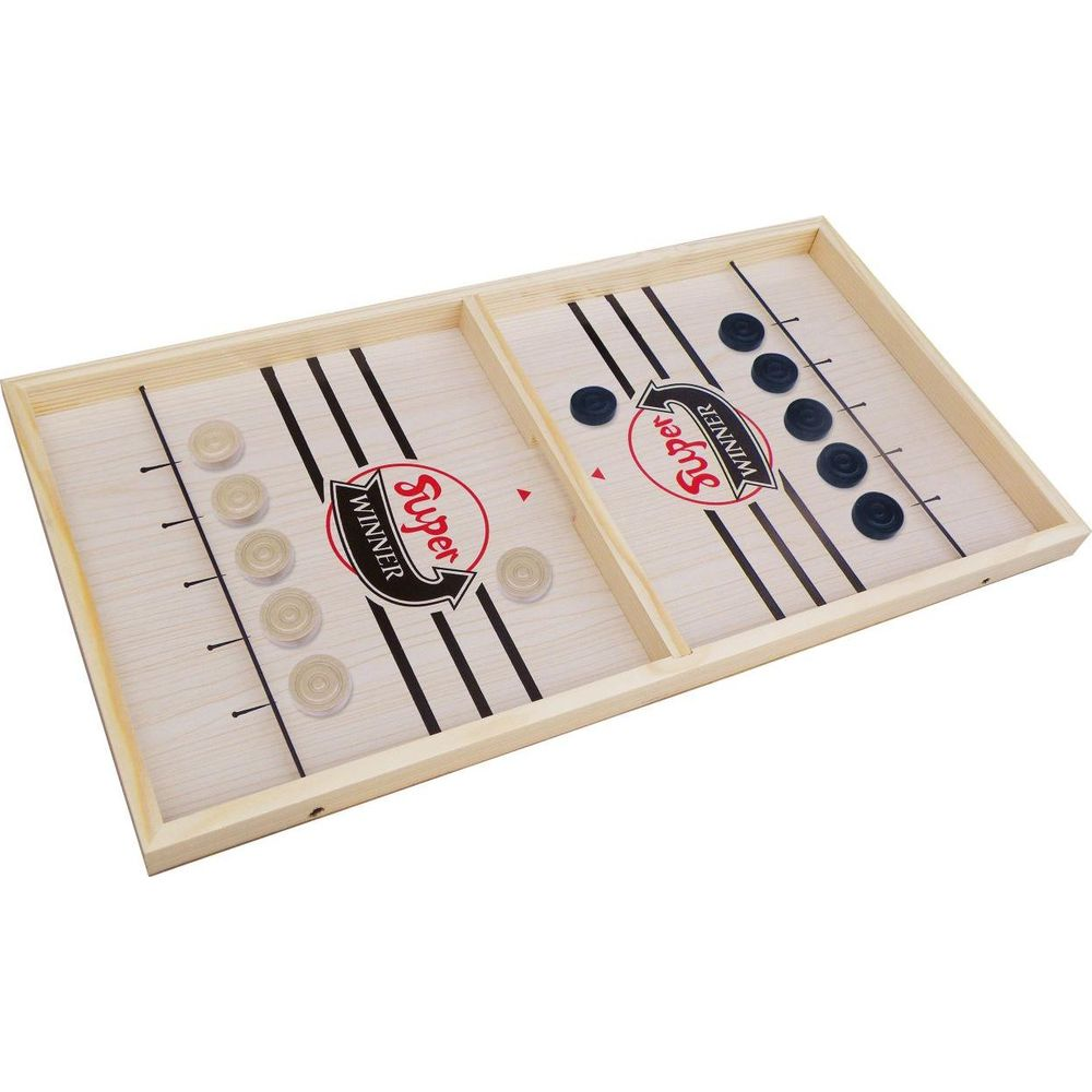 Hölzernes Tischspiel mit zwei Hälften, eine mit 5 weißen Scheiben, die andere mit 5 schwarzen Scheiben.