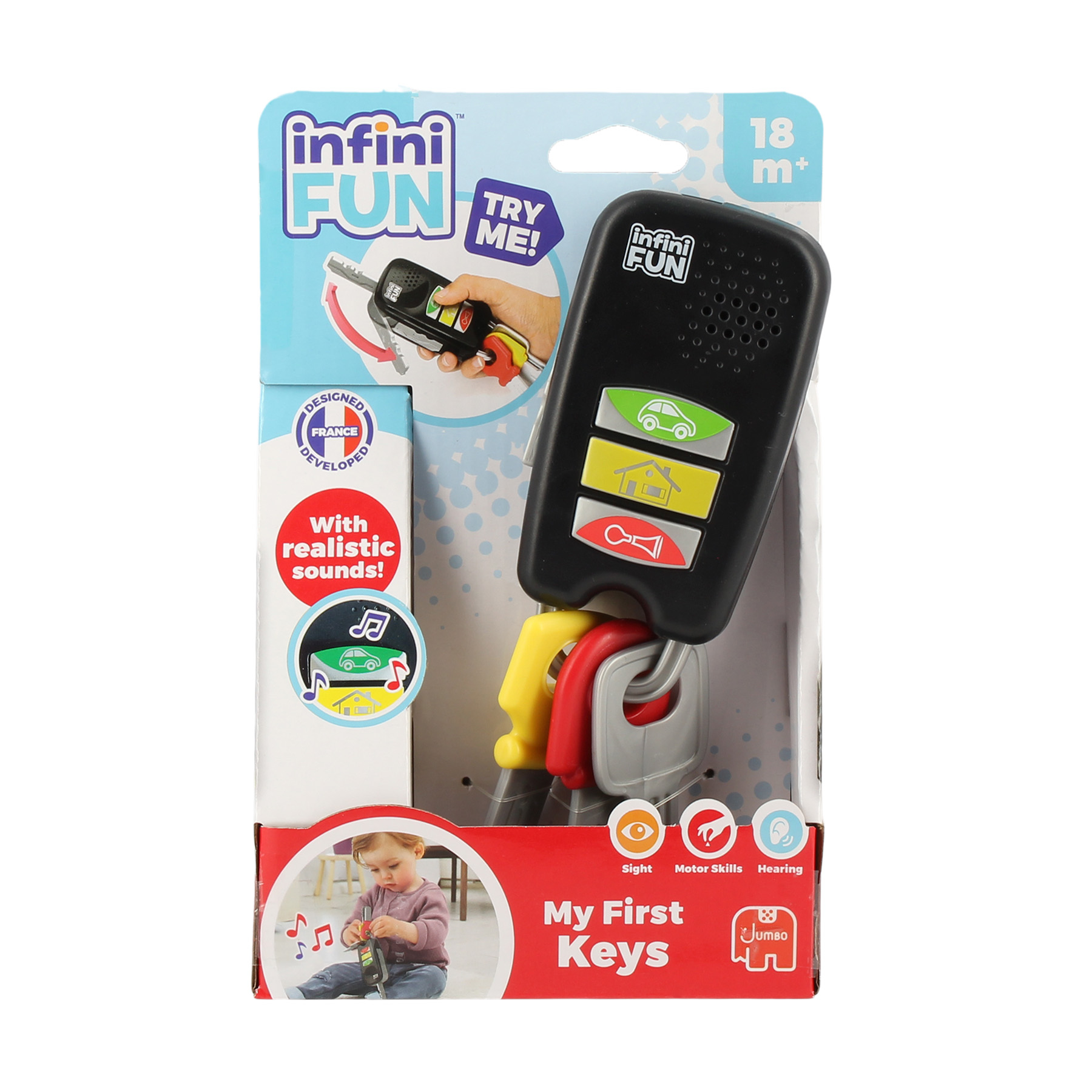 Ein Spielzeug-Autoschlüsselset für Kleinkinder mit Knöpfen für Auto-, Haus- und Hupengeräusche.