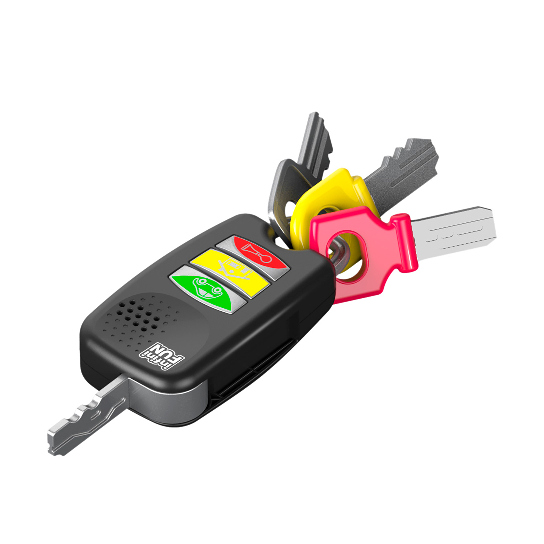 Schwarzer Autoschlüssel mit drei farbigen Schlüsseln und Symbolen.