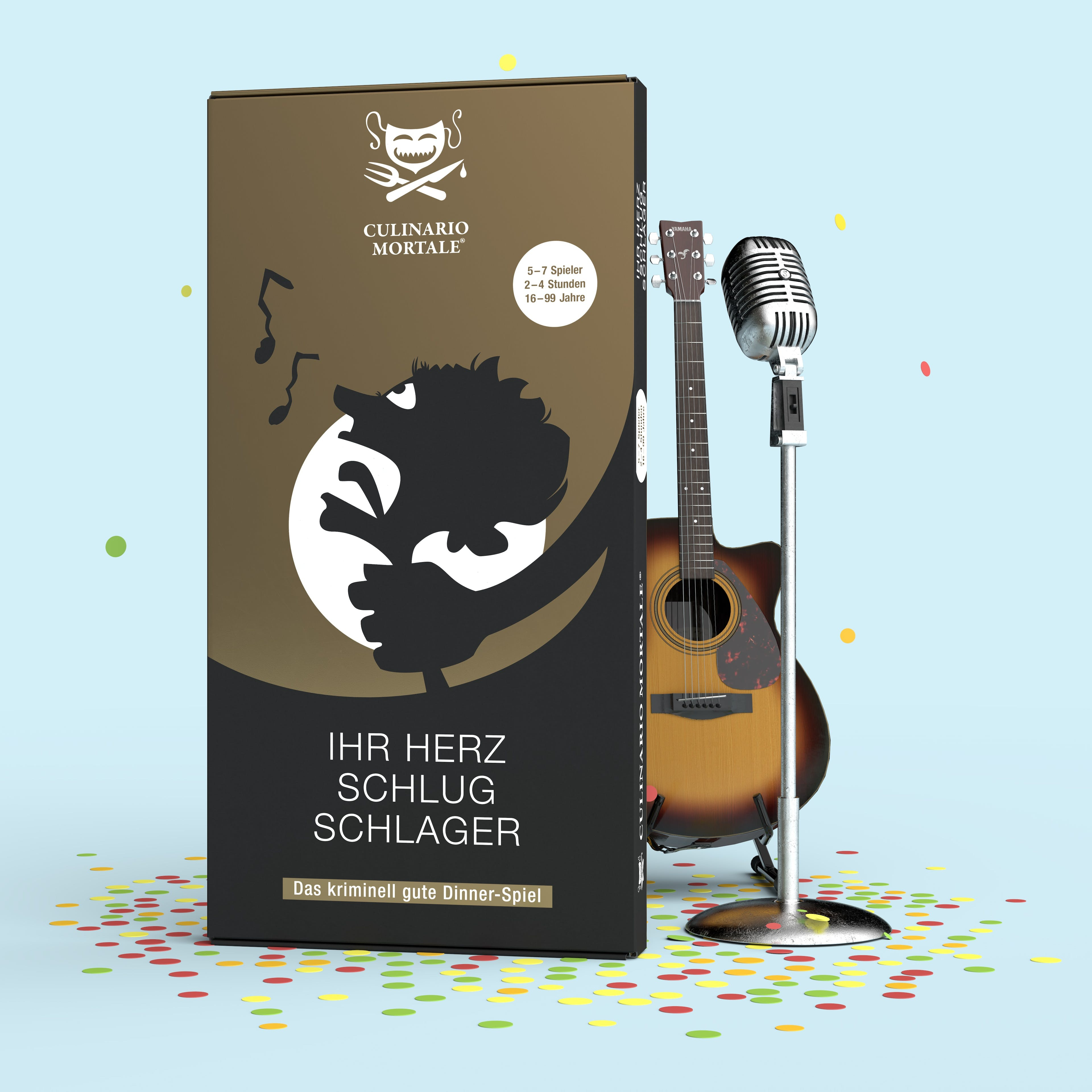Spielbox mit Gitarre und Mikrofon, umgeben von Konfetti.