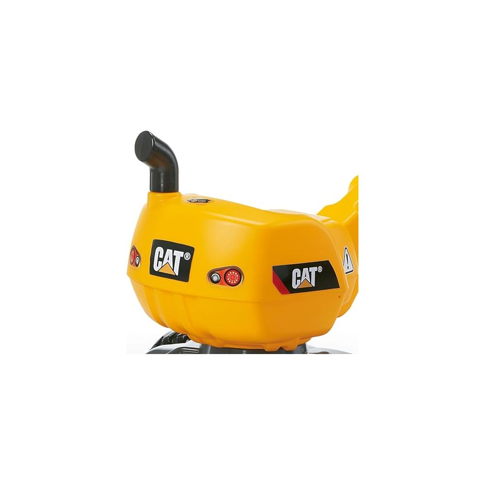 Corpo giallo di escavatore giocattolo con logo CAT e tubo di scarico.