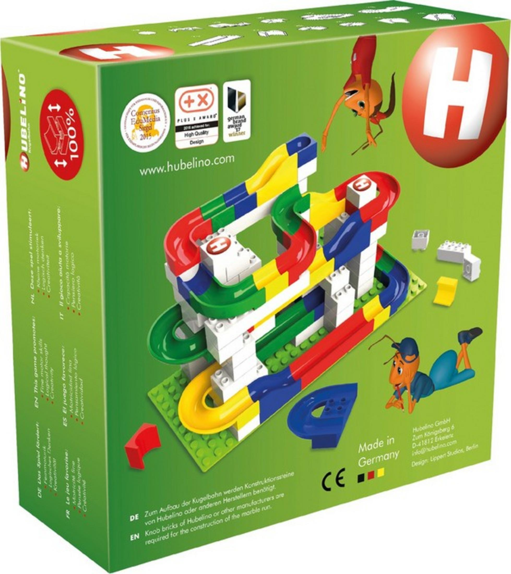 Boîte d'un circuit de billes Hubelino avec pistes et personnages colorés.
