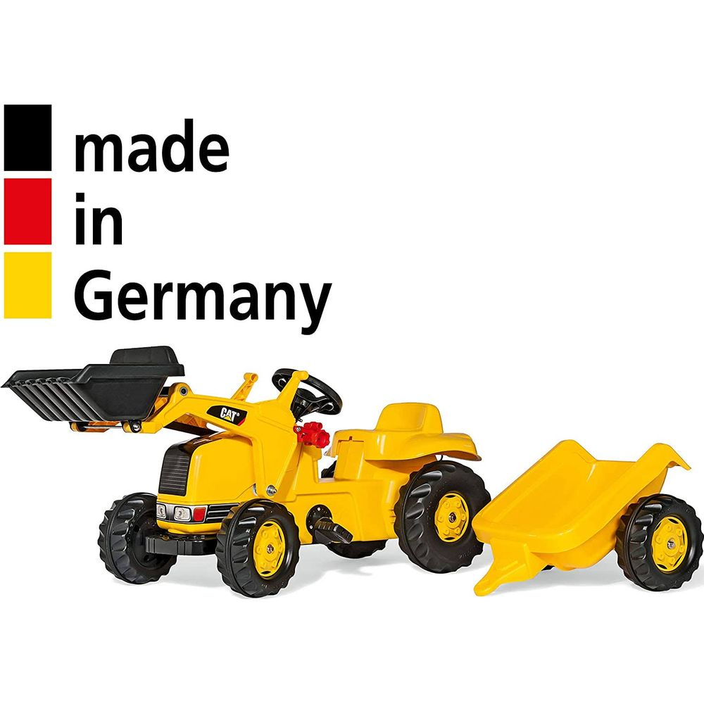 Gelber Spielzeug-Traktor mit Lader und Anhänger, Made in Germany.
