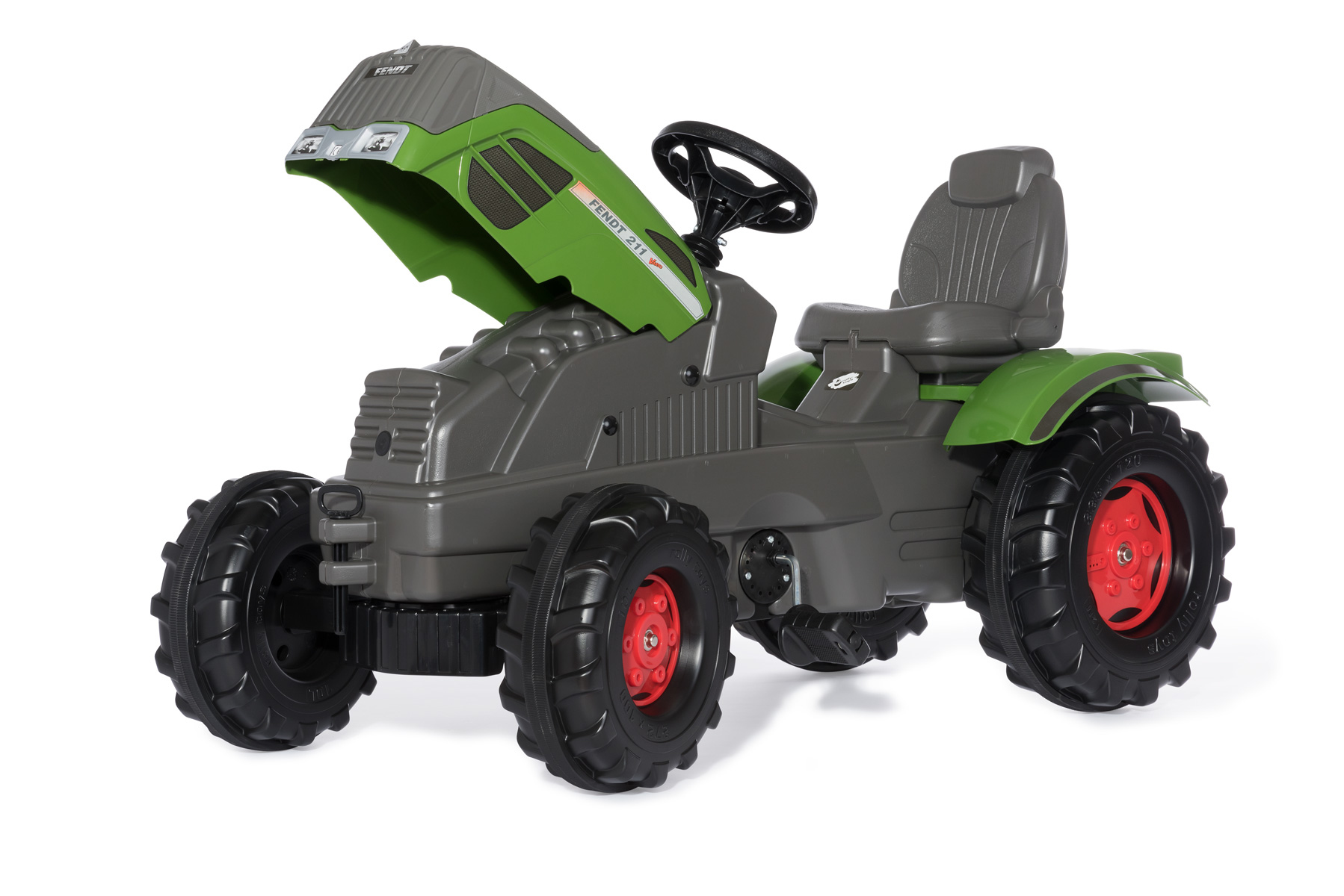 Ein grüner und grauer Spielzeugtraktor mit geöffneter Motorhaube, Lenkrad und Sitz.