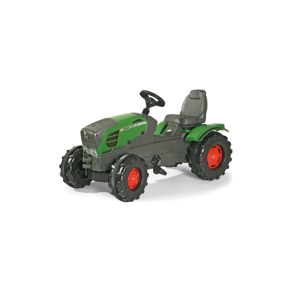 Ein grüner Spielzeugtraktor mit schwarzem Lenkrad und Sitz. Große Räder mit roten Felgen.