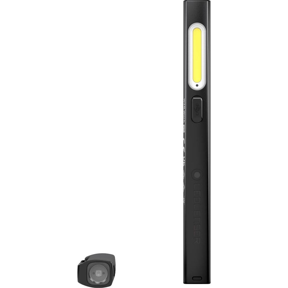 Eine schwarze LED-Taschenlampe mit gelbem Lichtbalken und separatem kleinem schwarzem Licht.