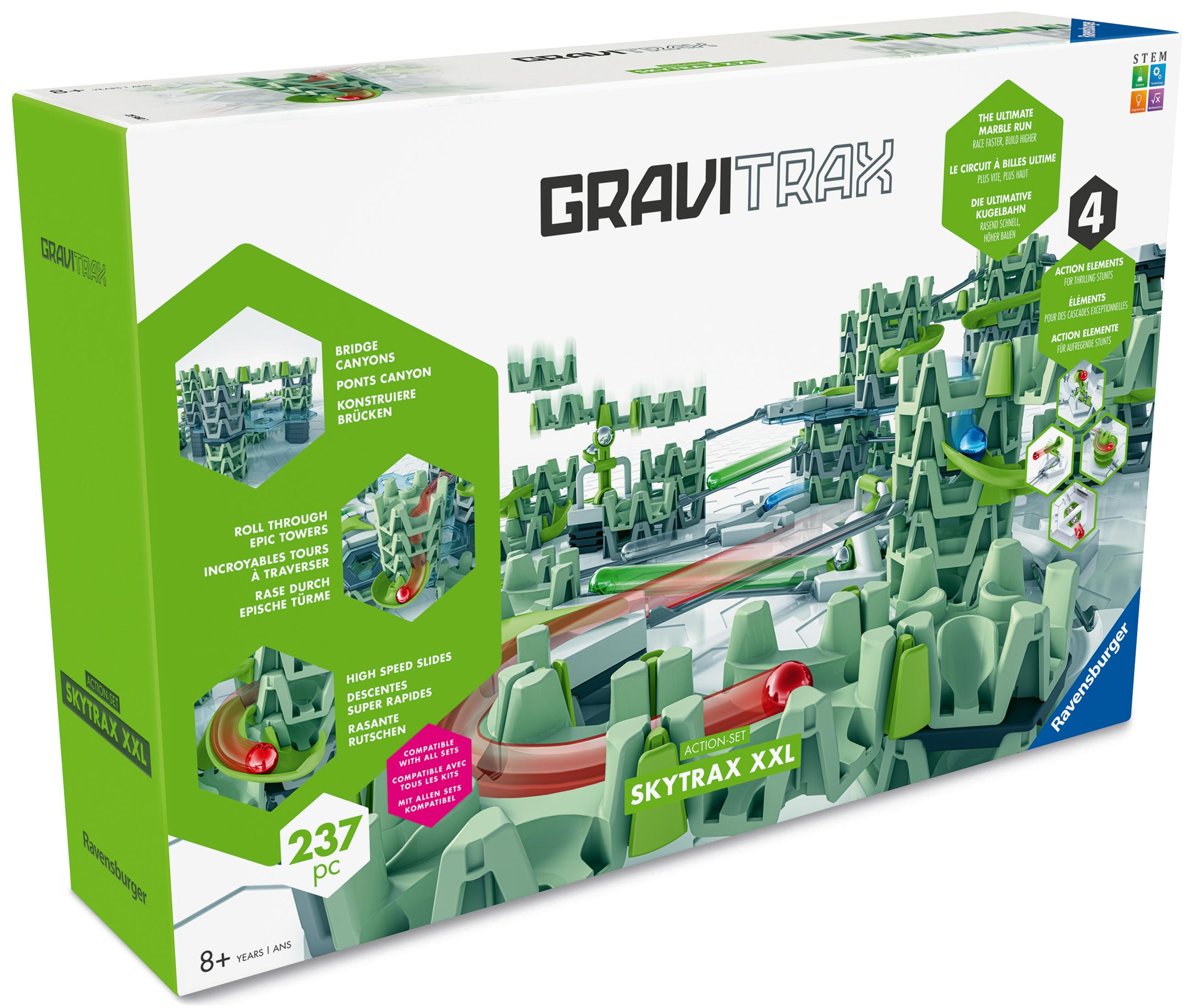 Gravitrax Skytrax XXL Spielzeugverpackung mit Murmelbahn-Elementen und einer roten Kugel.
