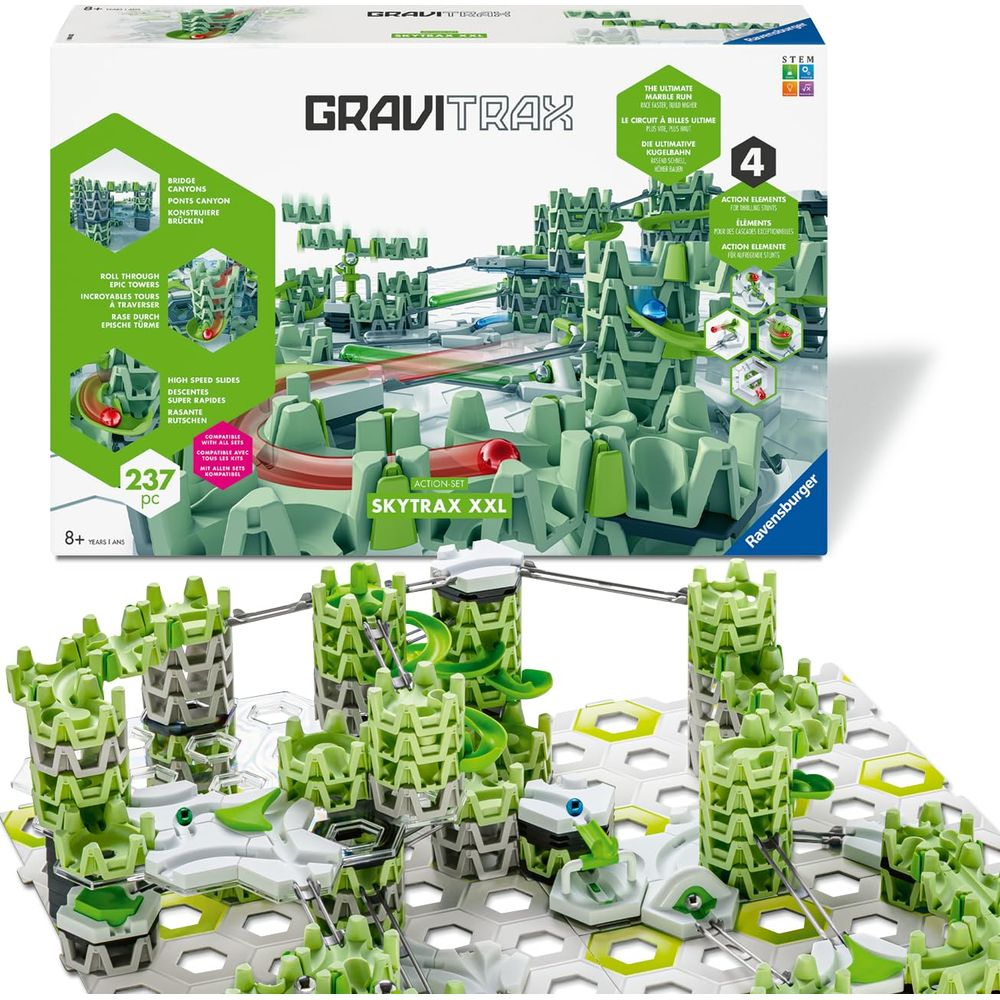 Gravitrax Skytrax XXL Set mit grünen und weißen Bauteilen, Kugeln und Schienen.