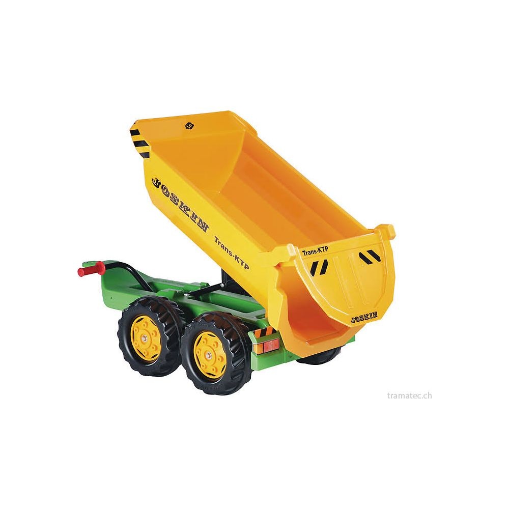 Un rimorchio ribaltabile giocattolo giallo con base verde e ruote nere.
