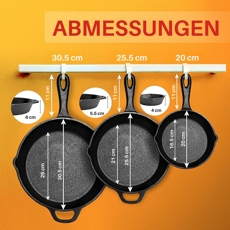 Drei gusseiserne Pfannen mit Maßen: 30,5cm, 25,5cm und 20cm.