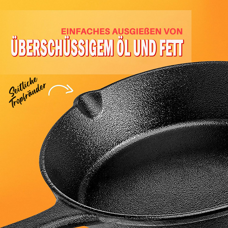Schwarze Gusseisenpfanne mit Ausgussrändern und Text. Einfaches Ausgießen von überschüssigem Öl und Fett.
