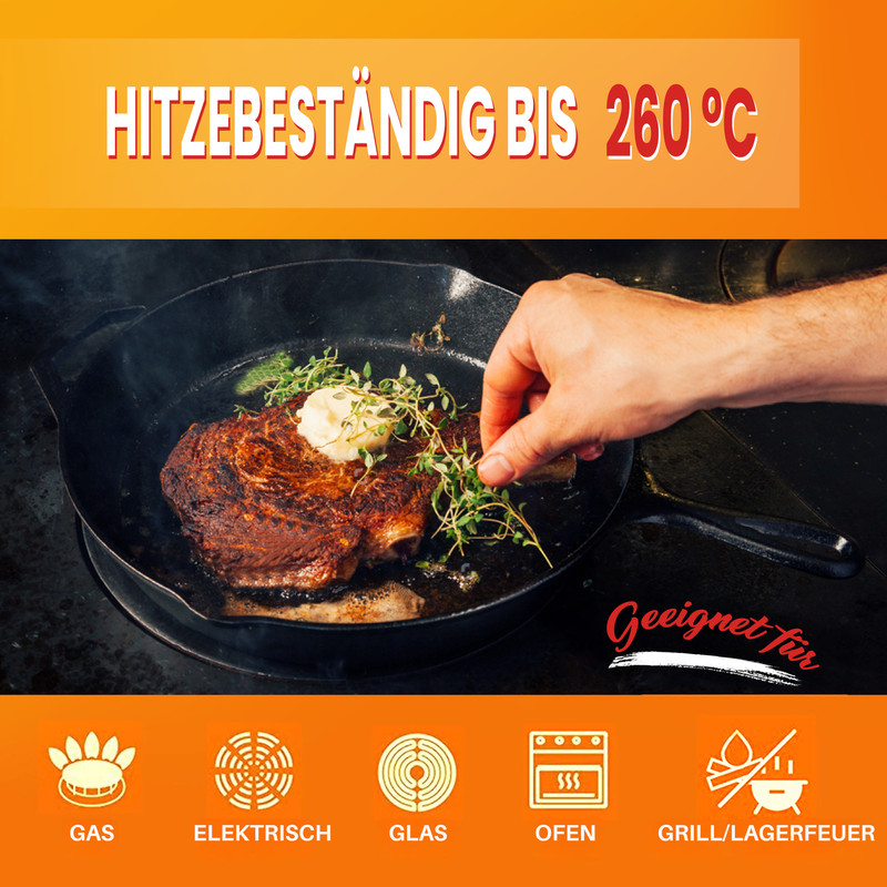 Steak wird in einer Pfanne gebraten, hitzebeständig bis 260°C.