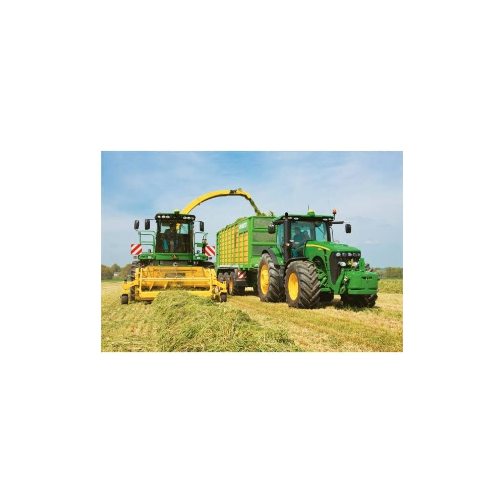 Ein grüner Traktor mit Anhänger und ein Feldhäcksler mähen Gras auf einem Feld.