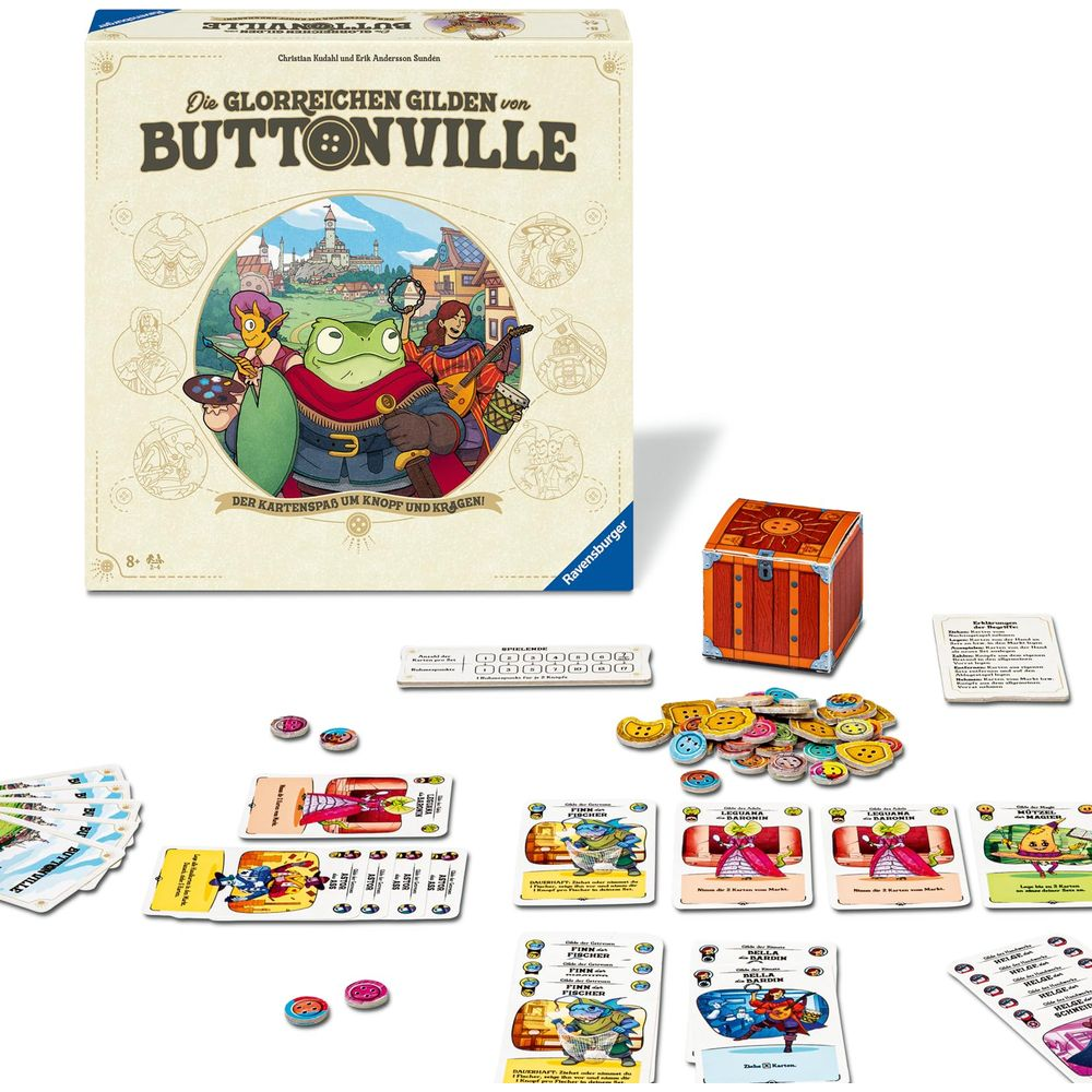 Brettspiel "Die Glorreichen Gilden von Buttonville" mit Schatztruhe, Karten und Knöpfen.