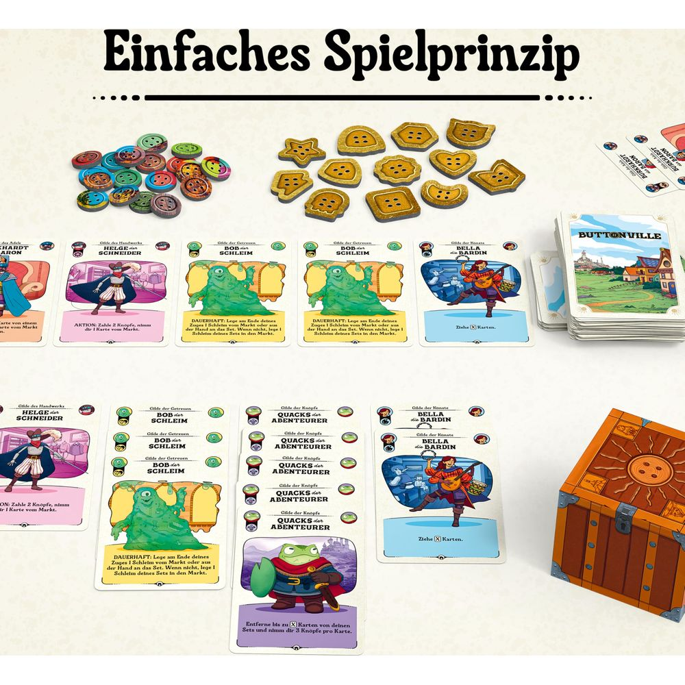 Spielkarten, Knöpfe und eine Truhe auf einem Tisch, mit dem Titel 'Einfaches Spielprinzip'.