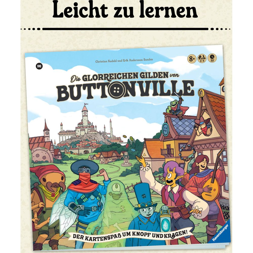 Brettspielcover: Bunte Charaktere vor einer Stadt mit Schloss.