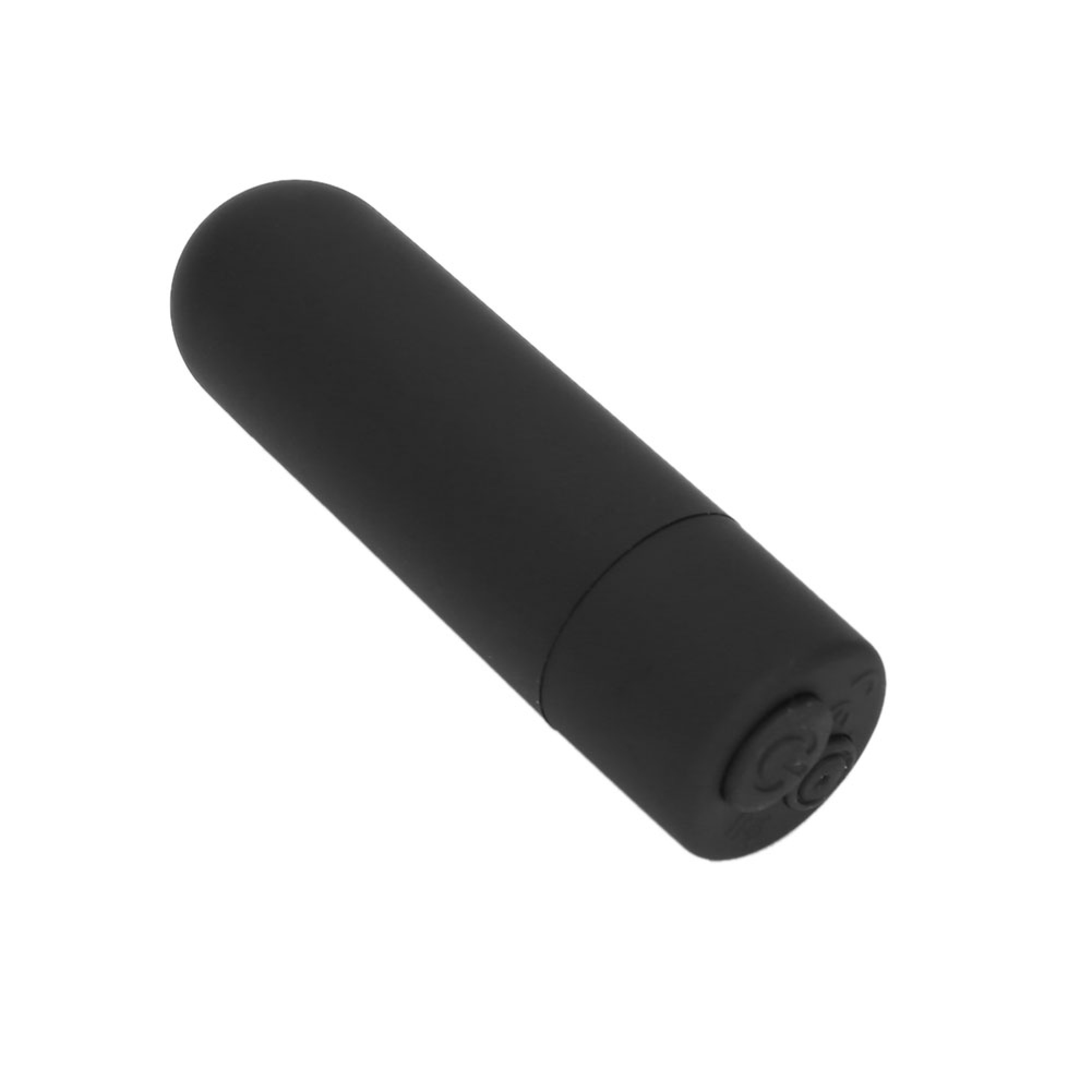 Ein schwarzer, zylindrischer Vibrator mit abgerundetem Ende und einem Knopf.