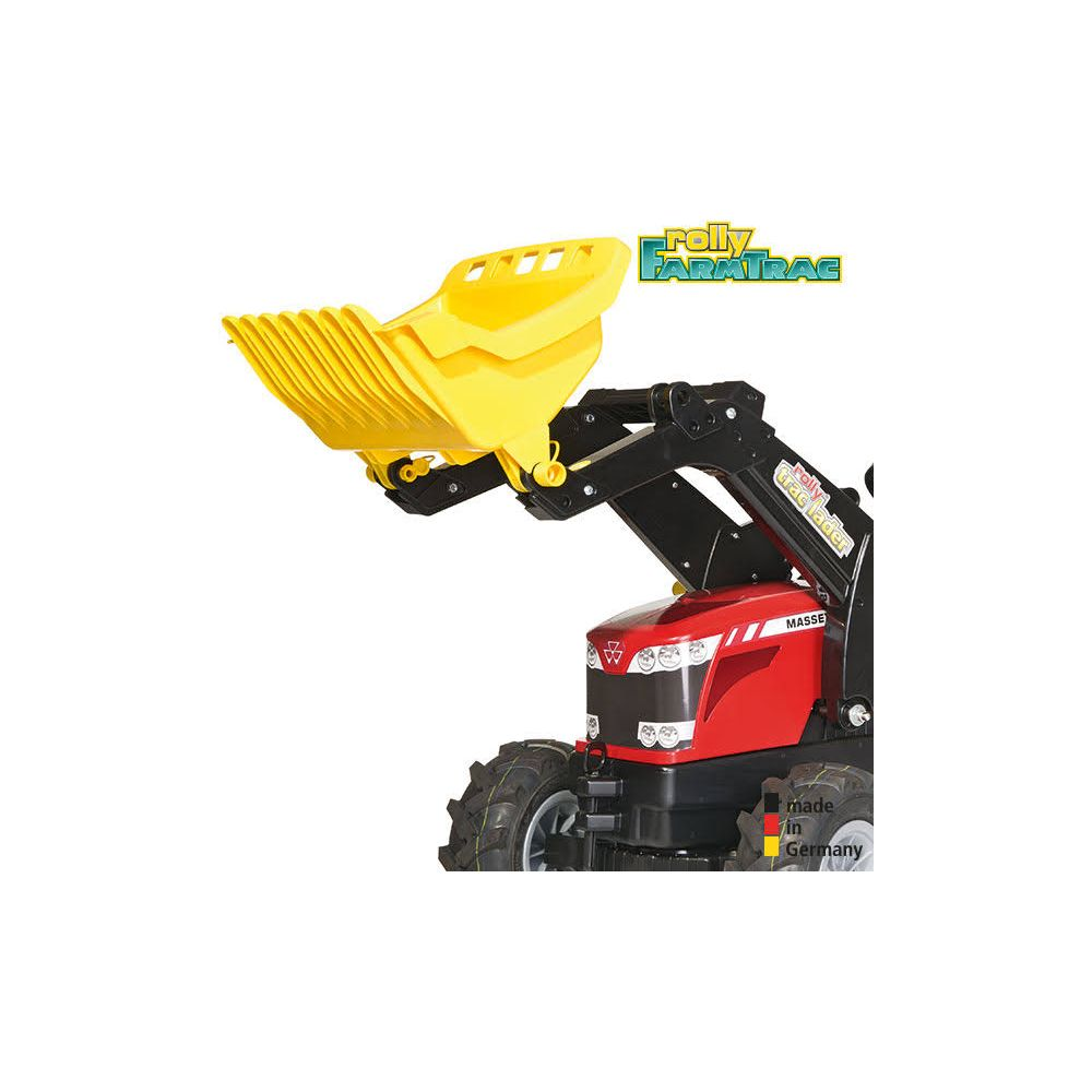 Roter Spielzeugtraktor mit gelber Laderschaufel und schwarzen Details.