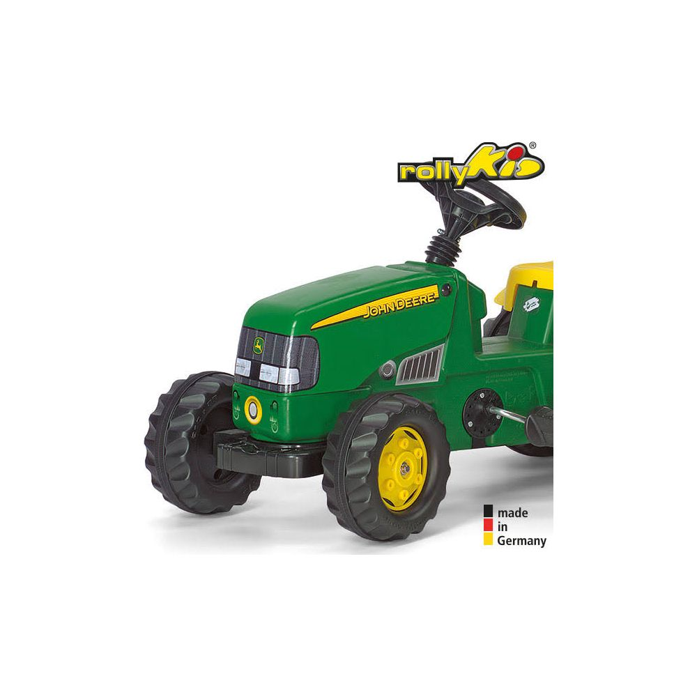Grüner John Deere Tret-Traktor mit gelben Felgen und Lenkrad.