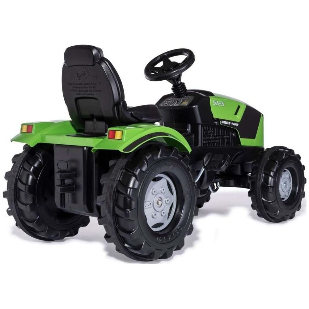 Grüner Spielzeug-Traktor mit schwarzem Sitz und Lenkrad, große Reifen.