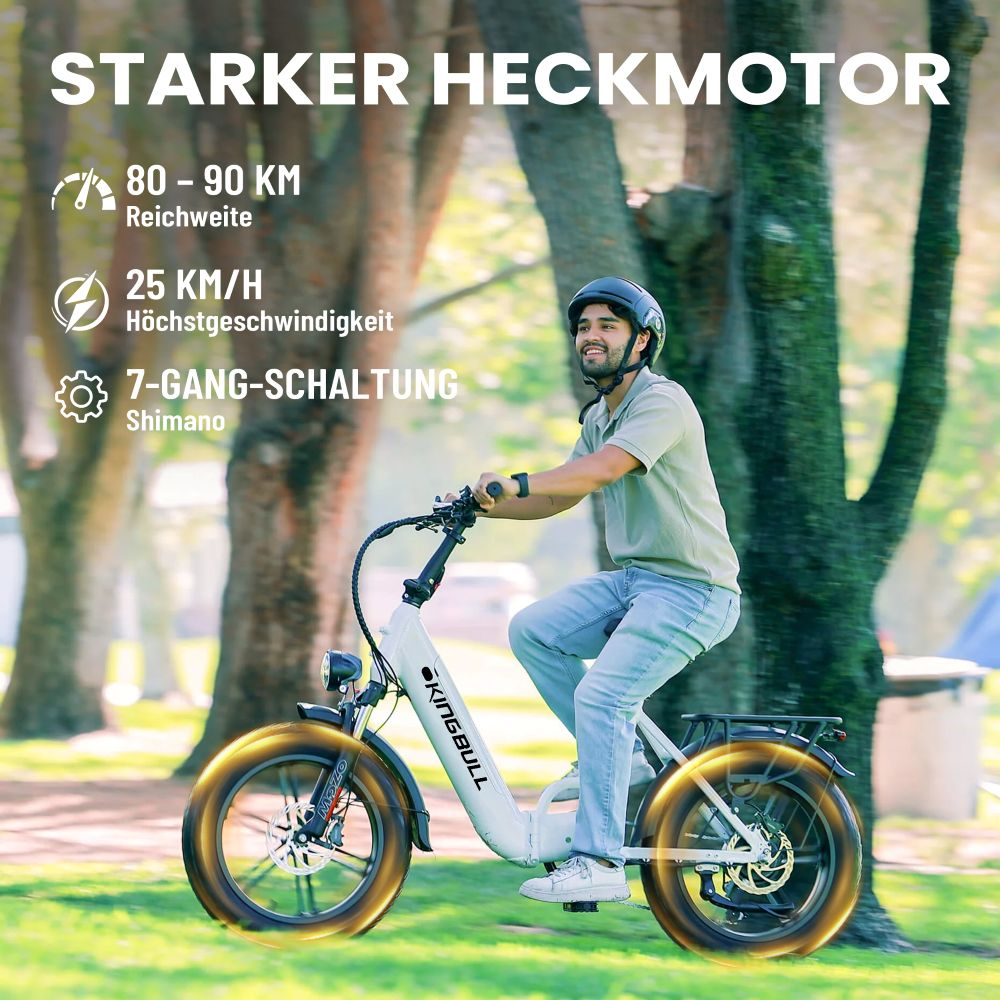 Uomo guida E-bike bianca "Kingbull" parco, 80-90 km autonomia.