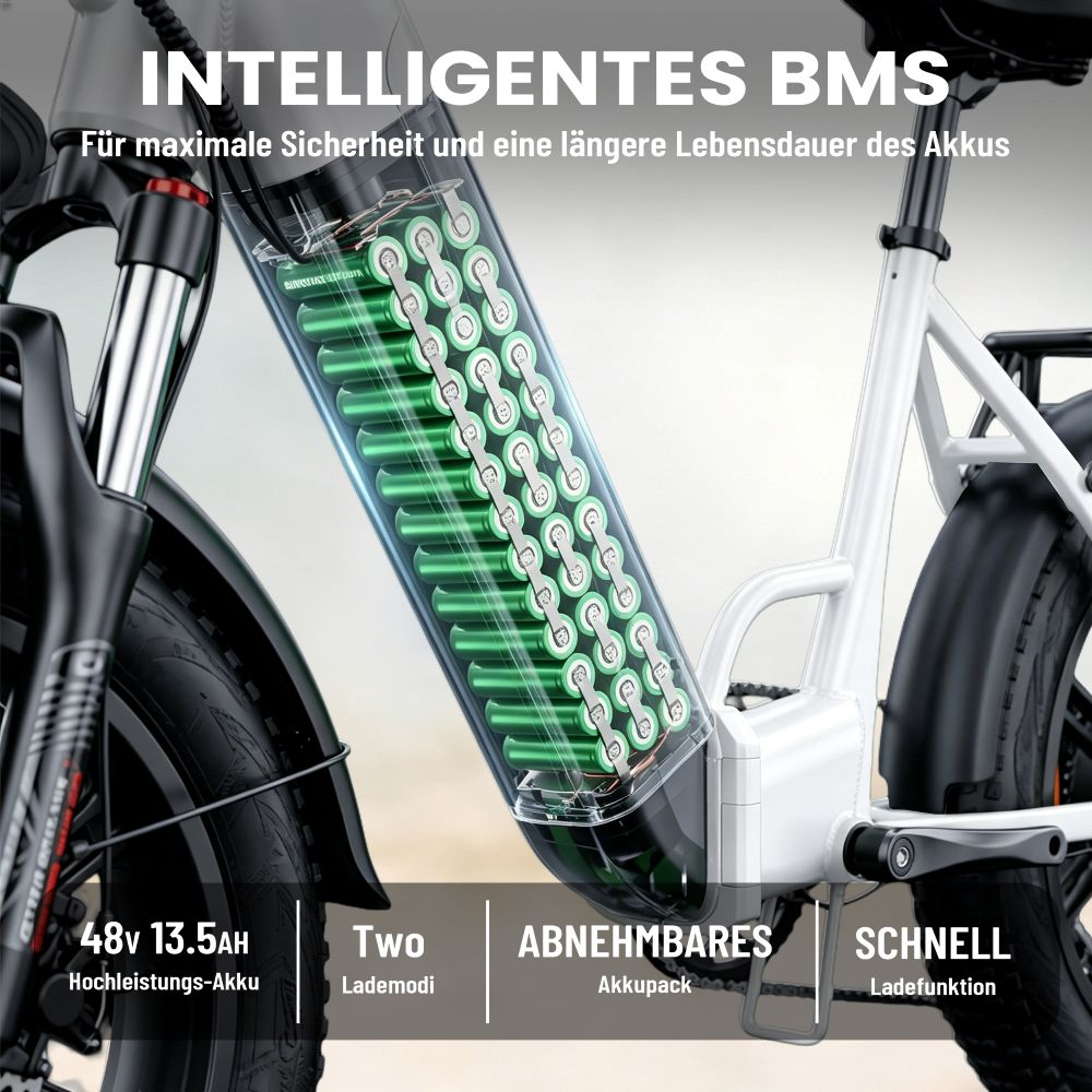 Una e-bike con pacco batteria trasparente visibile pieno di celle verdi. BMS intelligente.