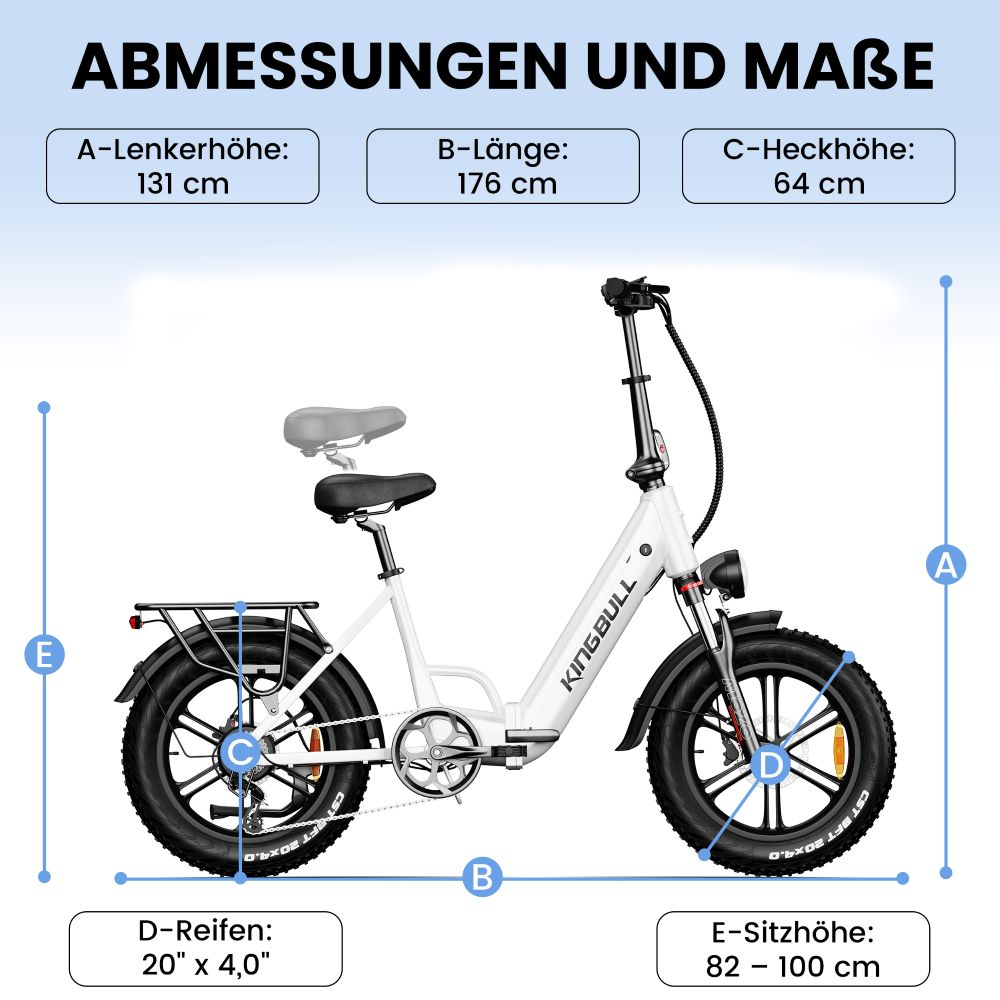 Dimensioni e-bike bianca: altezza manubrio 131cm, lunghezza 176cm, altezza posteriore 64cm, pneumatici 20x4,0, altezza sella 82-100cm.