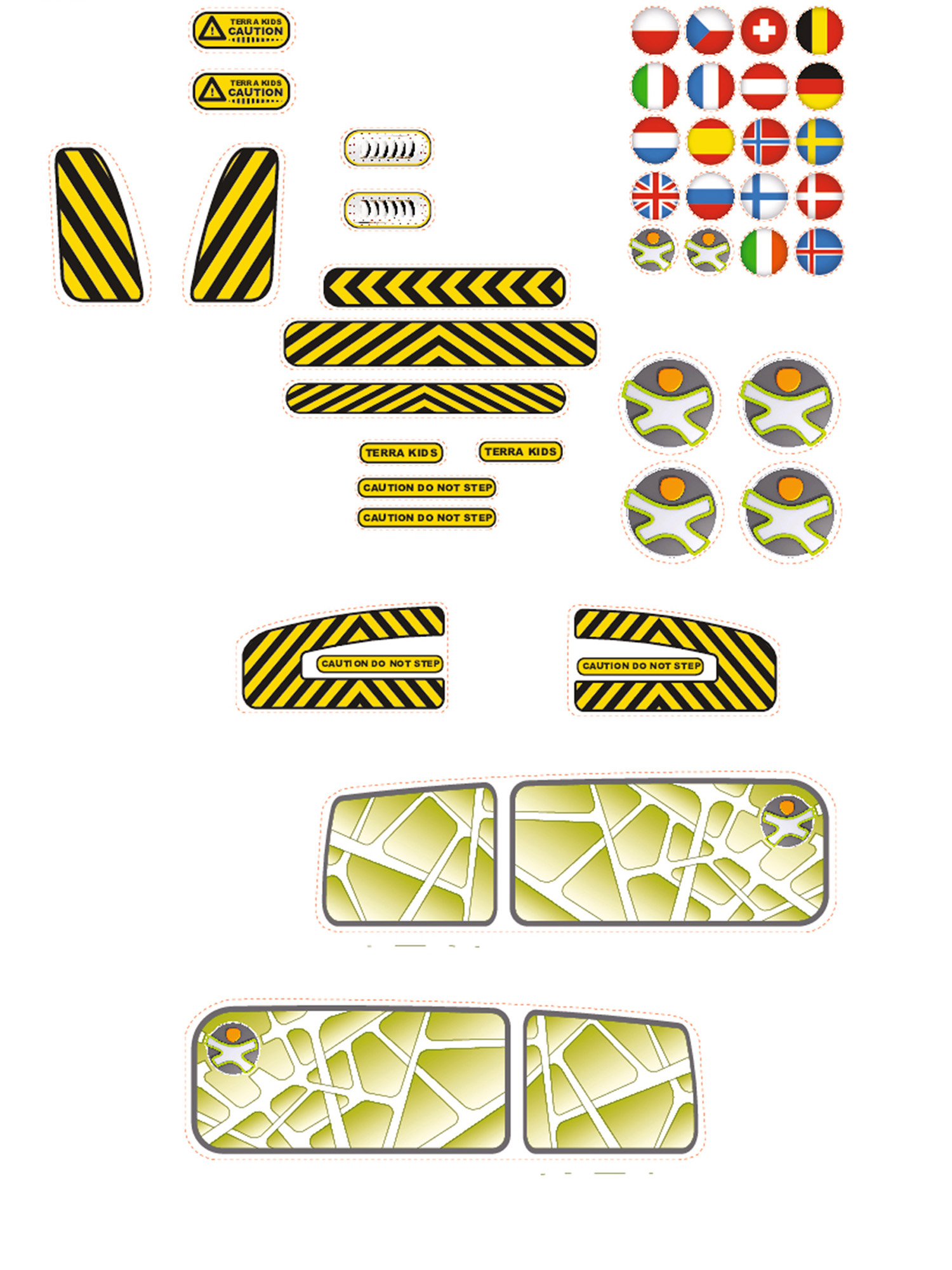 Aufkleber-Set mit Warnschildern, Flaggen und abstrakten Designs.
