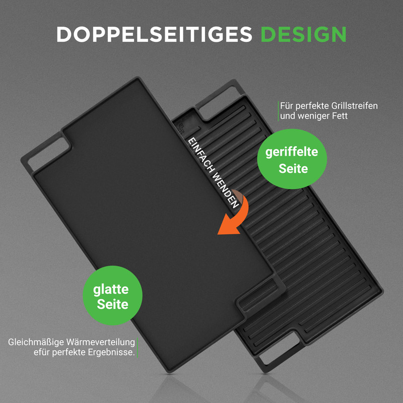 Doppelseitige Grillplatte: glatte und geriffelte Seite für perfekte Ergebnisse.