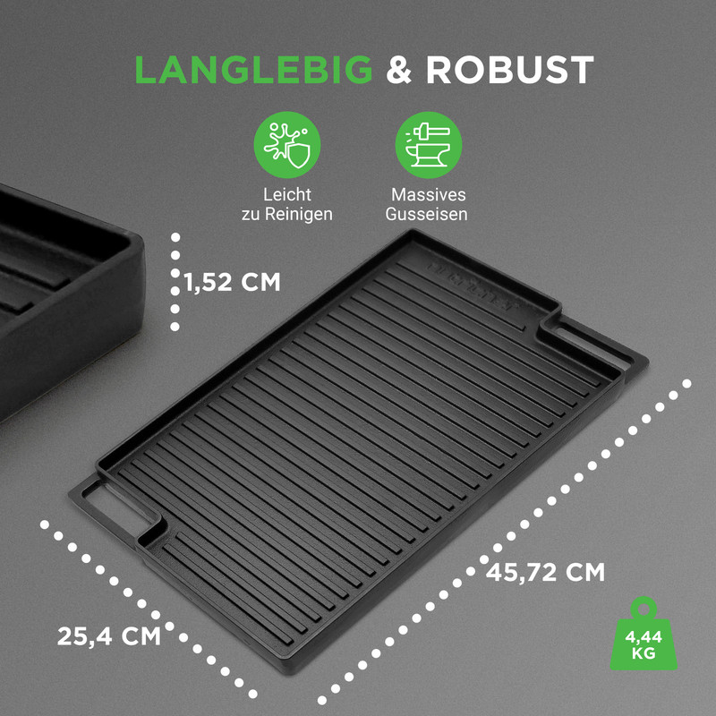 Schwarze Grillplatte aus Gusseisen, 45,72x25,4cm, 1,52cm dick, 4,44kg.
