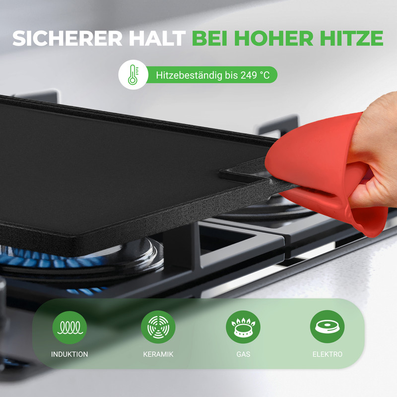 Eine Hand mit rotem Hitzeschutzhandschuh hält eine heiße Grillplatte auf einem Gasherd.