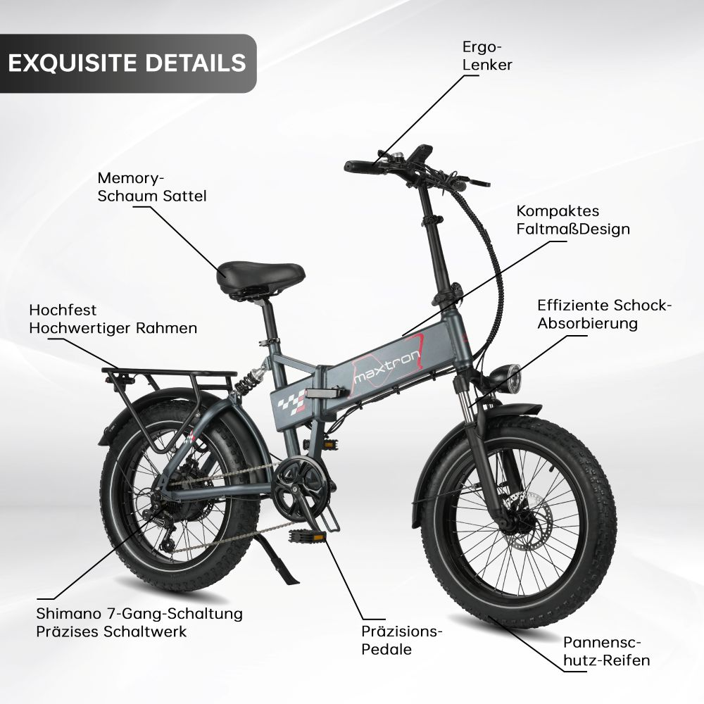 E-bike pieghevole grigia con manubrio ergonomico, sella in memory foam, telaio robusto, pneumatici antiforatura.