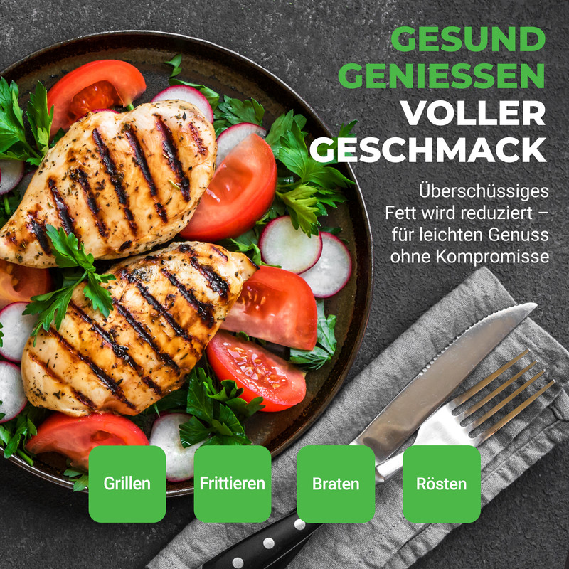 Gegrillte Hähnchenbrust mit Tomaten und Radieschen auf einem Teller.