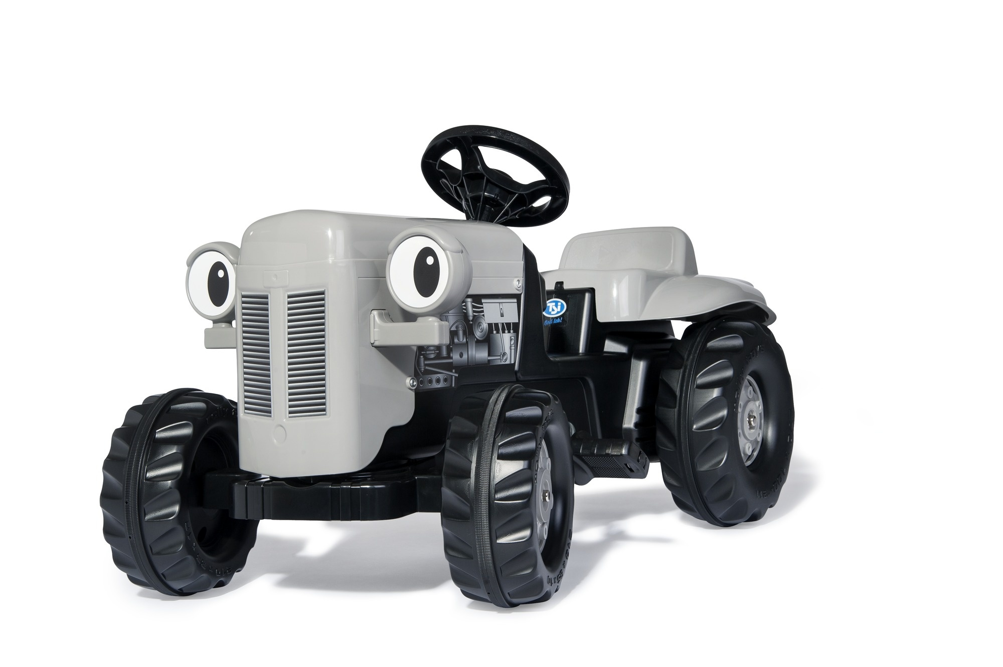 Ein grauer Spielzeugtraktor mit großen Augen, einem Lenkrad und schwarzen Rädern.