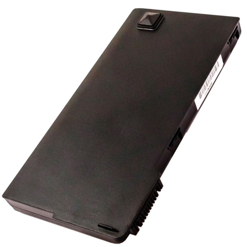 Schwarzer Laptop-Akku mit einem kleinen quadratischen Knopf oben.