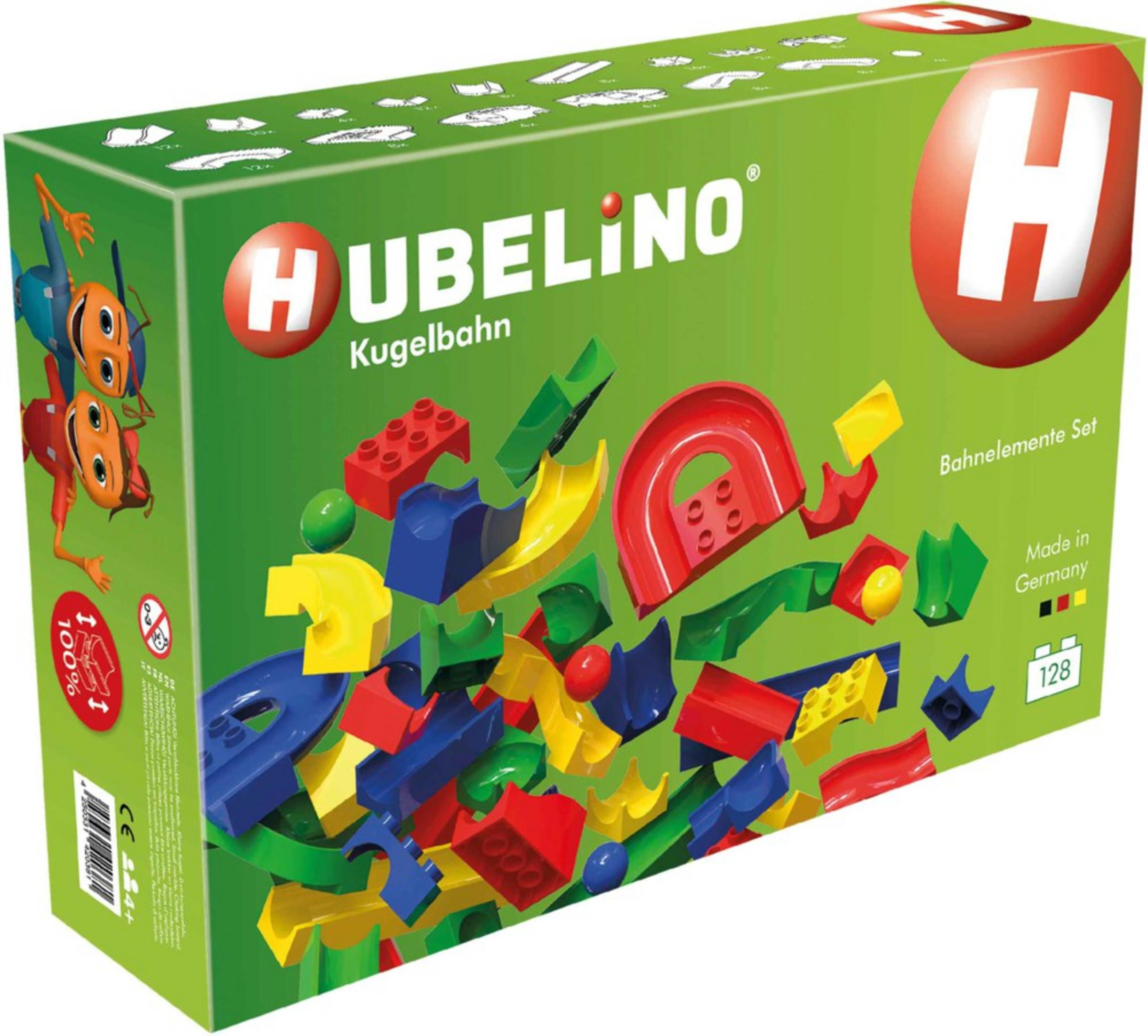 Boîte verte avec pièces de circuit de billes colorées: rouge, bleu, jaune, vert. Avec figures.