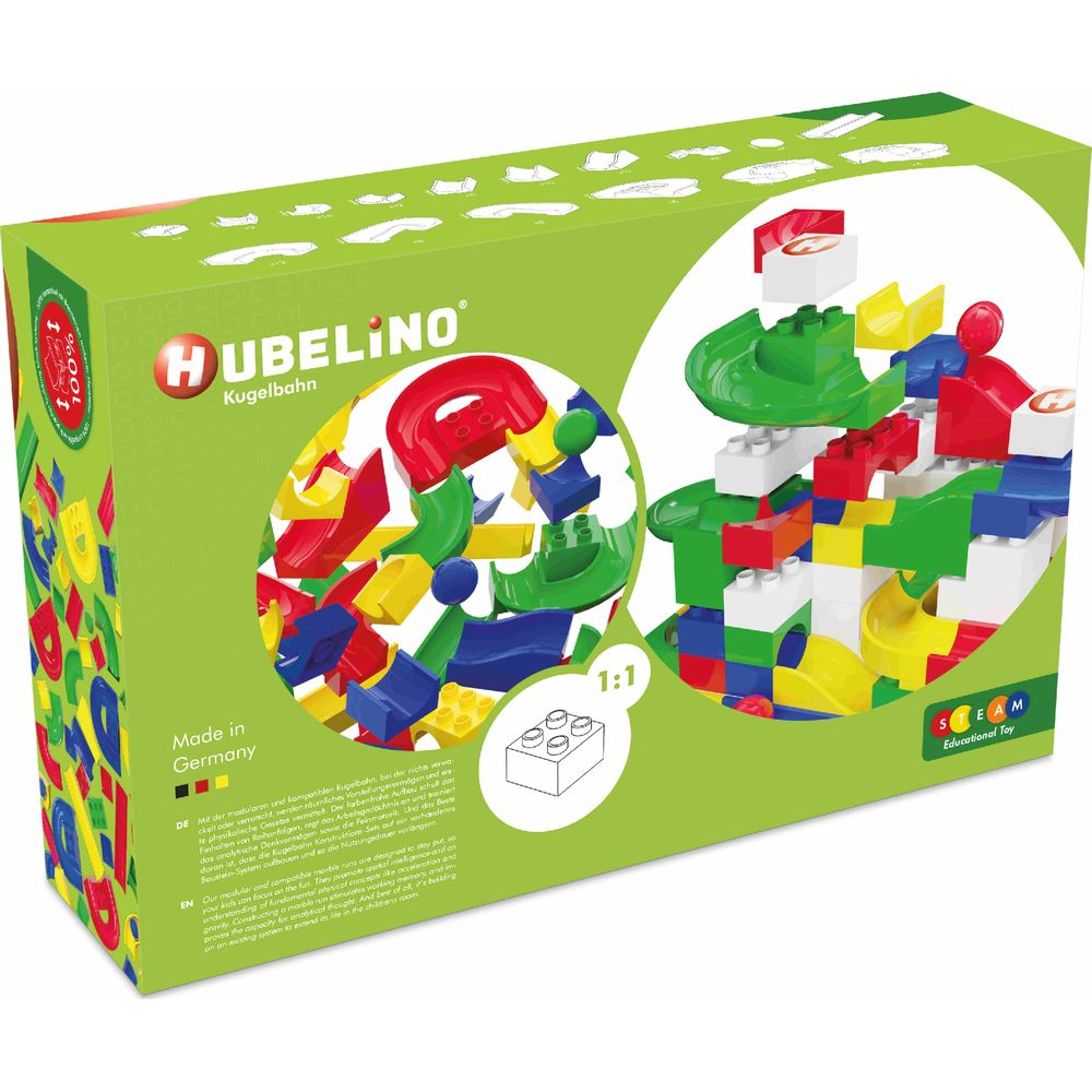 Boîte de circuit à billes Hubelino avec blocs de construction colorés et spirales.
