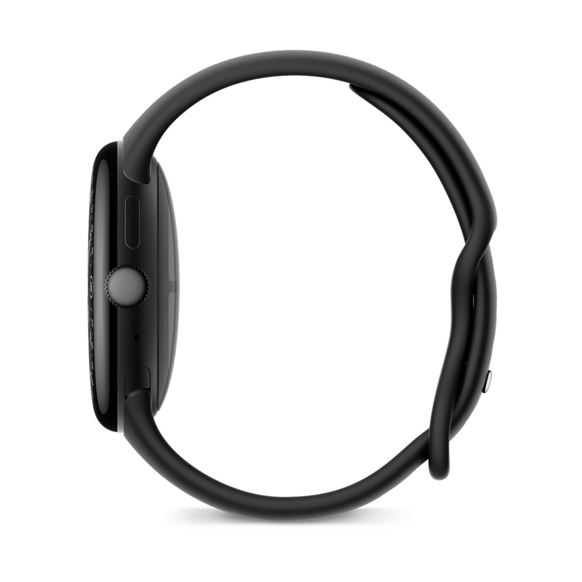 Reloj inteligente negro con botón gris y correa negra.