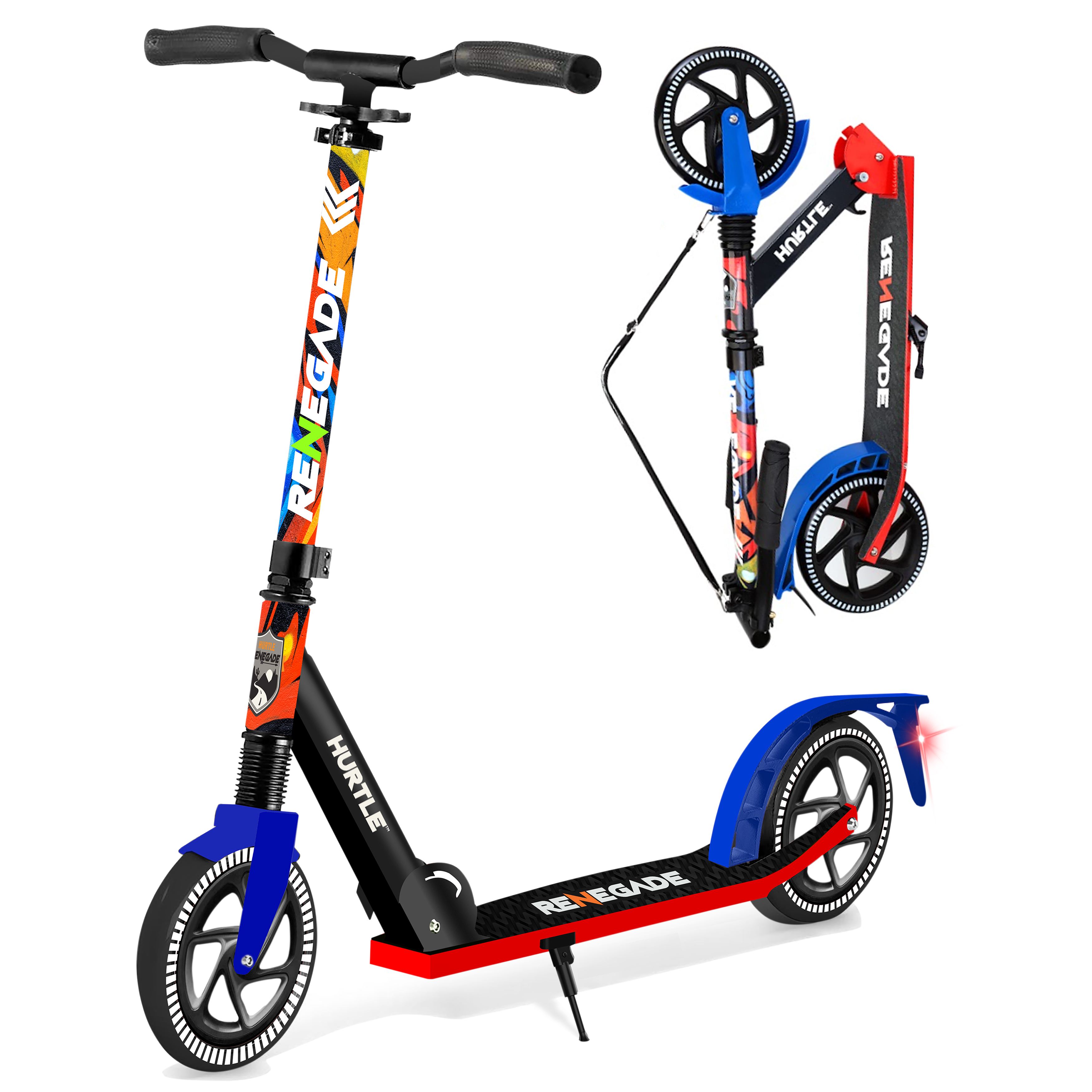 Ein Roller mit bunter „Renegade“-Aufschrift, blauen Schutzblechen und roten Akzenten.