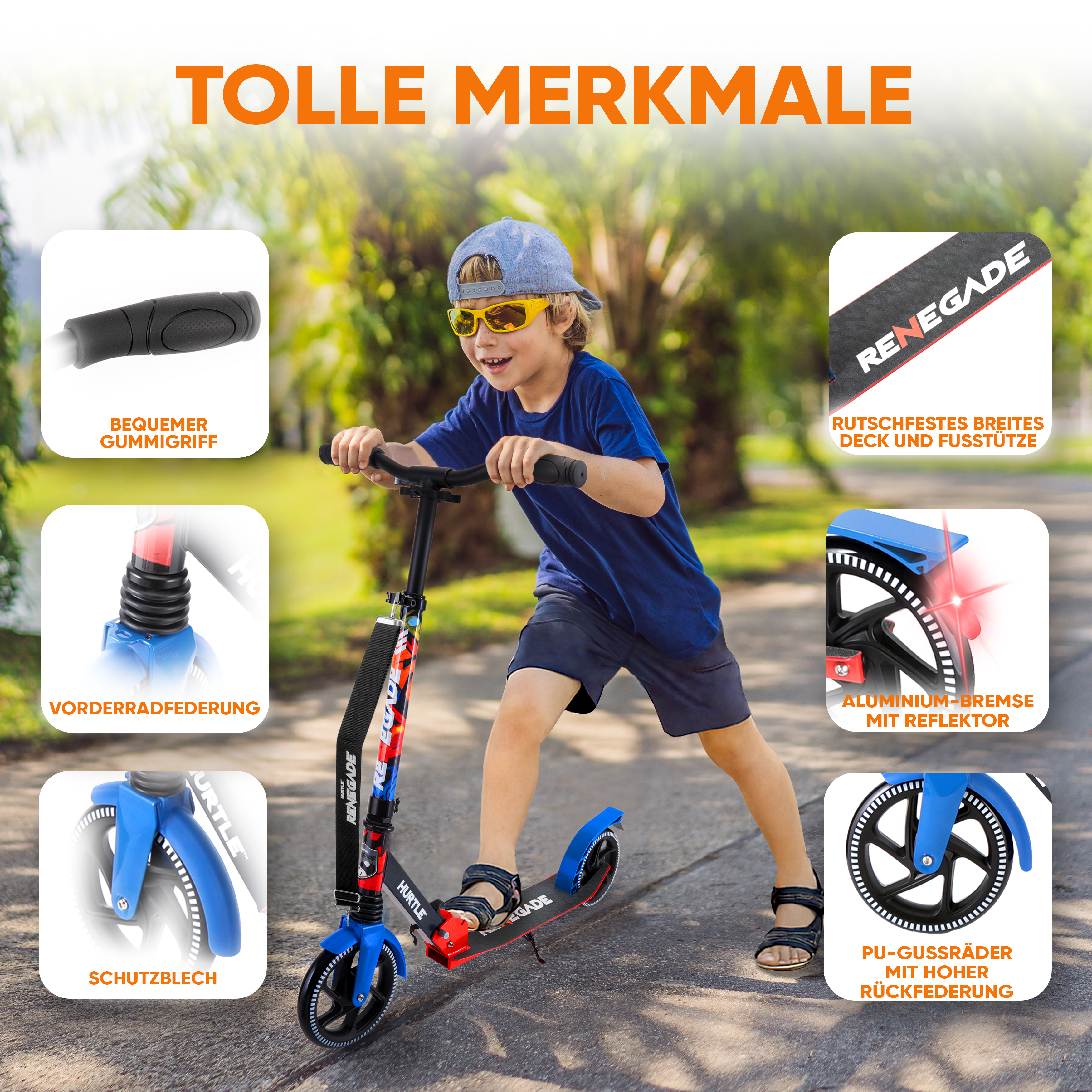 Ein Junge fährt einen blauen Roller mit roten Akzenten. Mehrere Merkmale sind hervorgehoben.