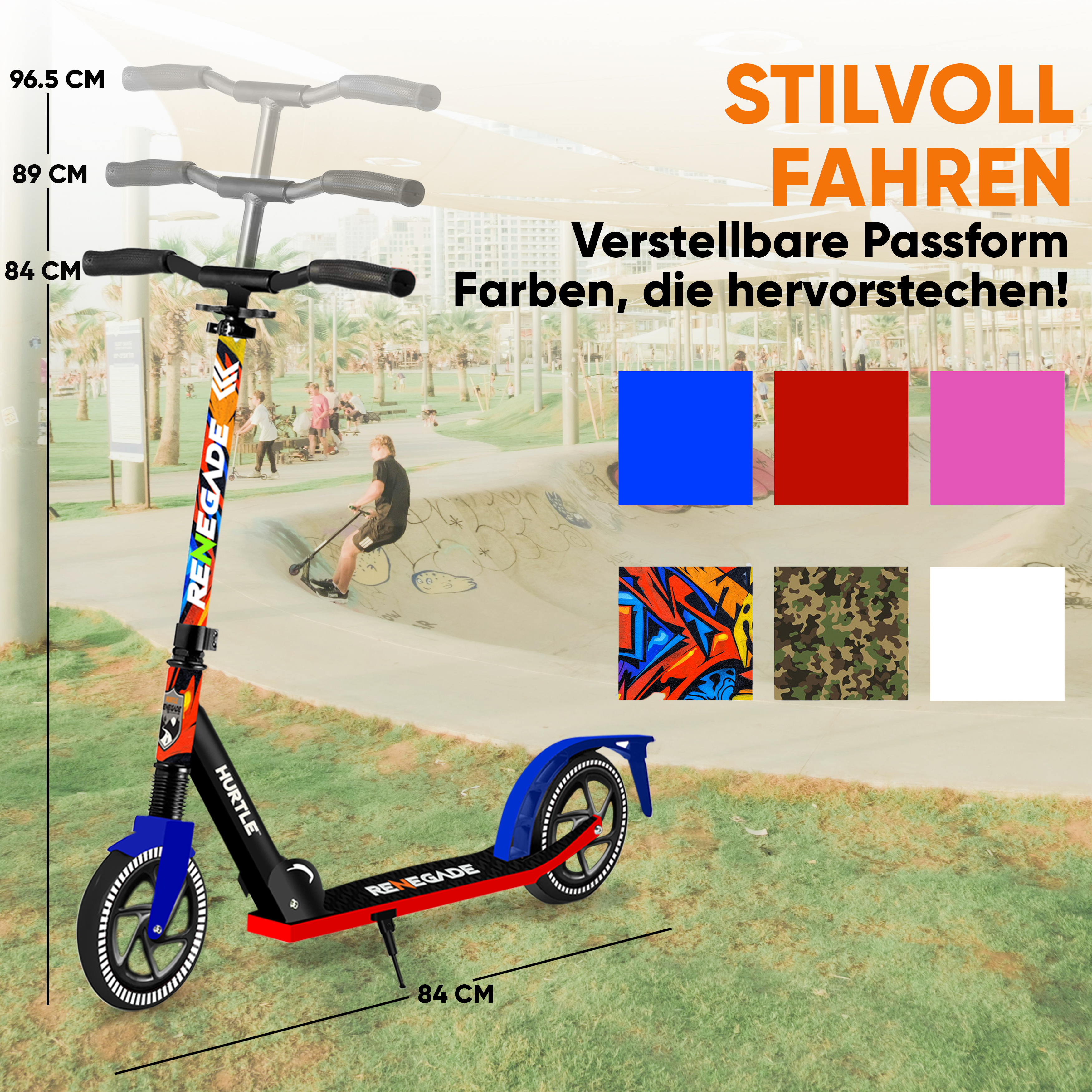 Ein blauer und roter Roller mit verstellbarer Höhe steht im Freien, daneben Farbquadrate.