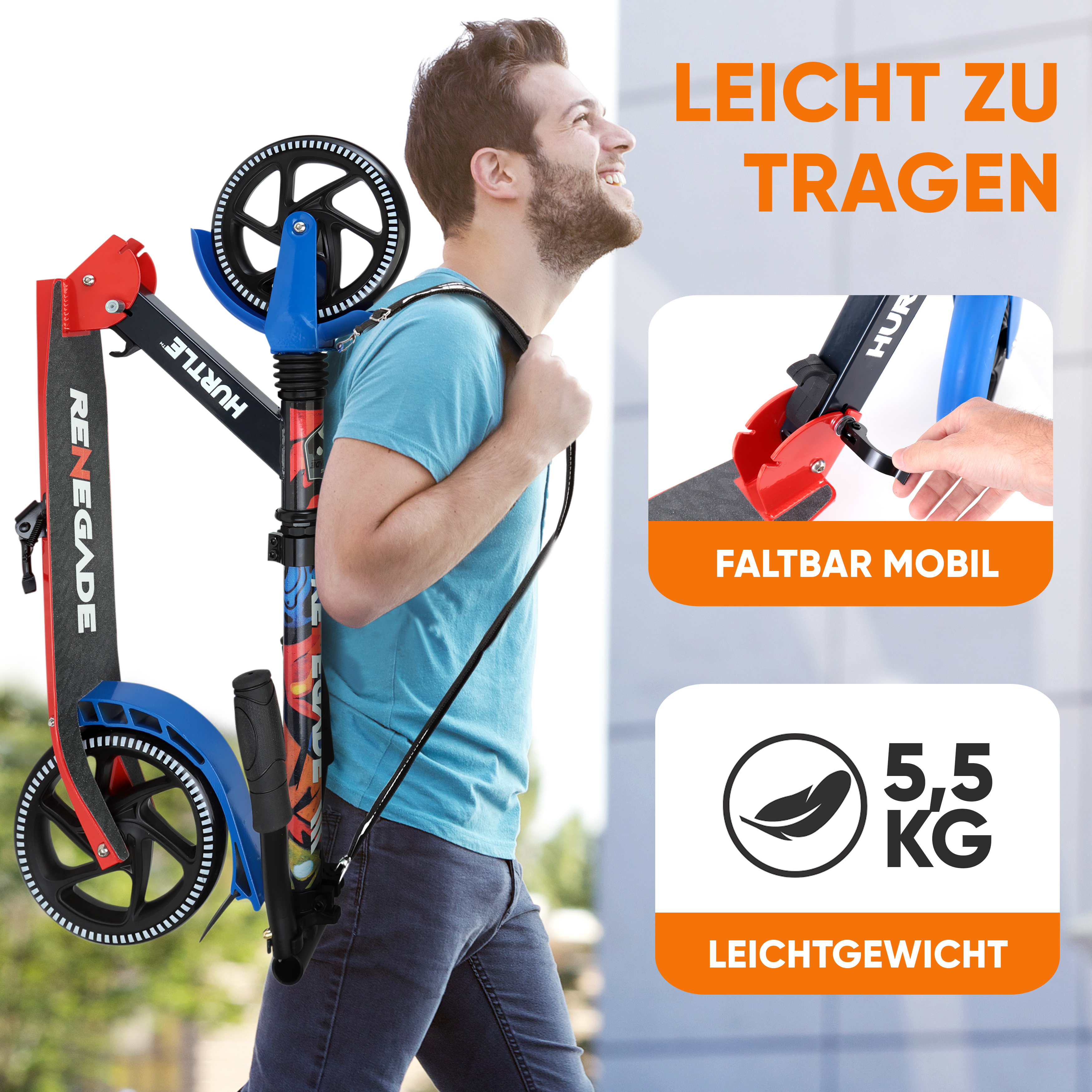 Mann trägt blauen Roller mit Gurten. Text: Leicht zu tragen, faltbar, mobil, 5,5 kg.
