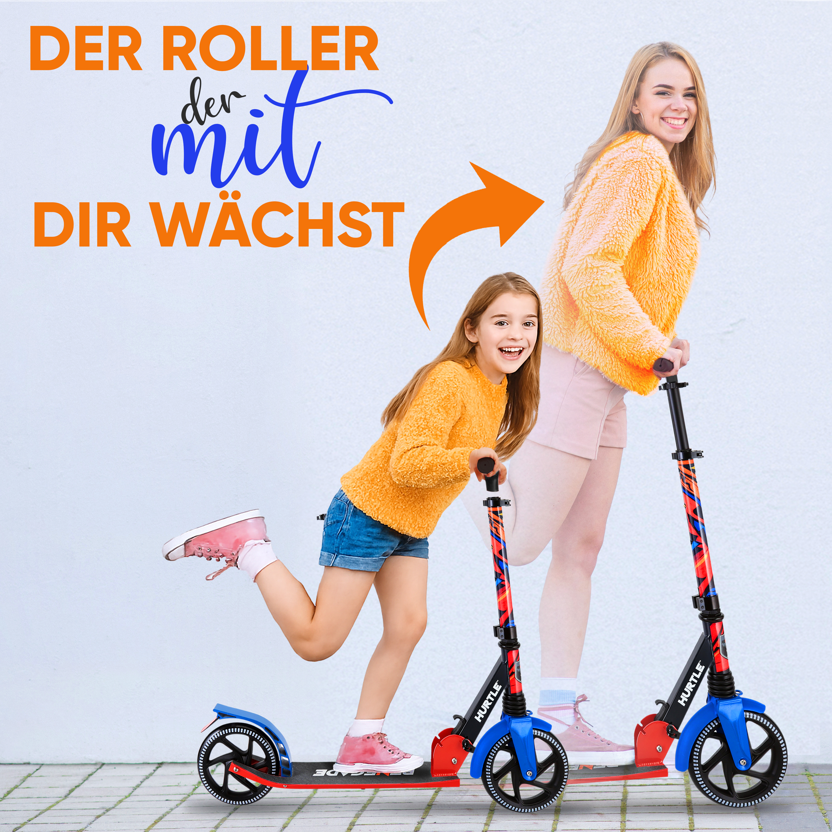 Zwei Mädchen fahren Roller, eines ist jünger als das andere. Text: Der Roller mit Dir wächst.