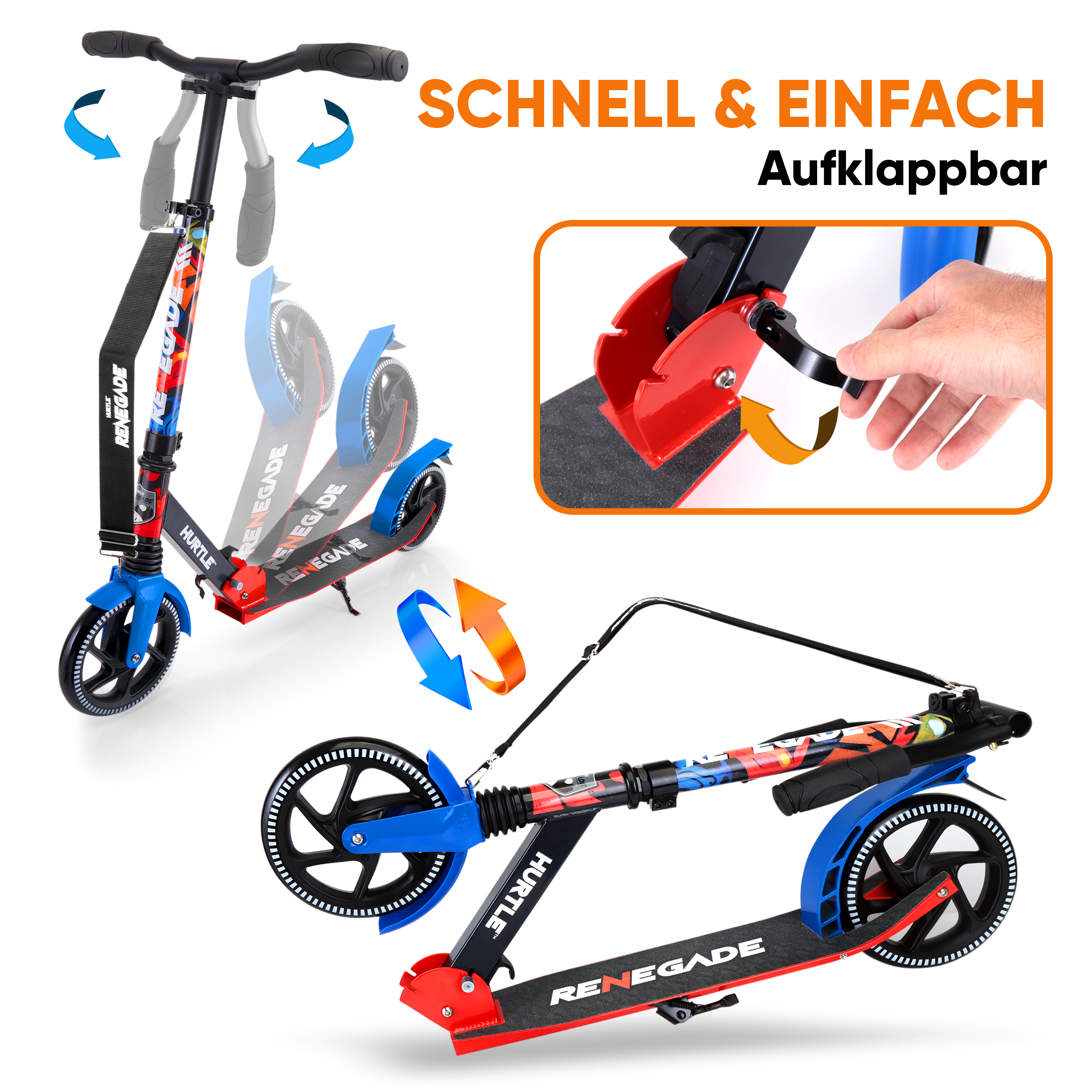 Ein blauer und roter Roller mit Aufklapp-Mechanismus wird gezeigt.